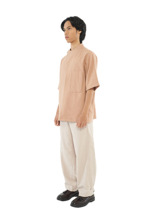 CAMEL OVERSIZED COLLARLESS SHIRT WITH OVERLAP DETAIL