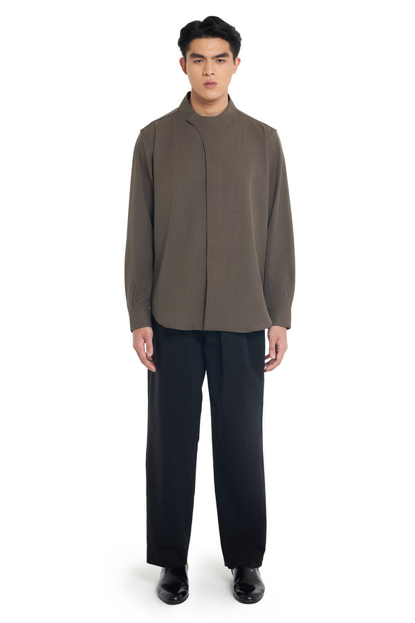 BROWN COLLARLESS OVERLAP LONG SLEEVES SHIRT - Jan Sober