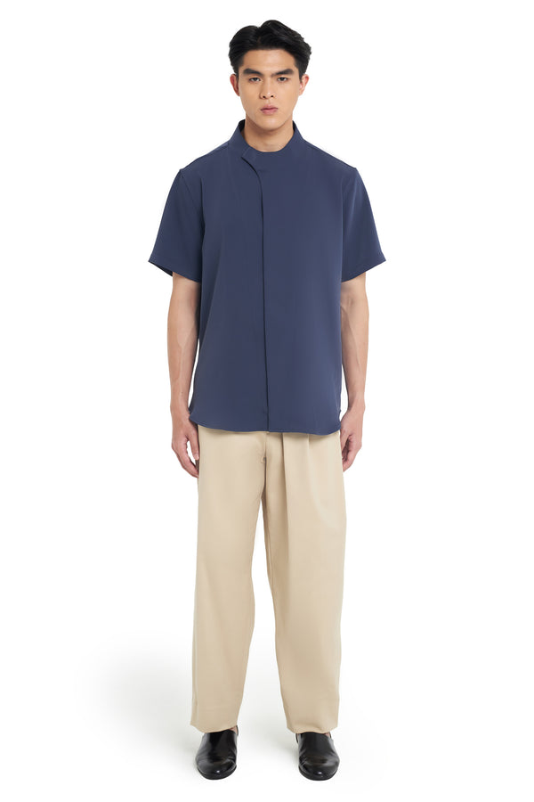 NAVY COLLARLESS OVERLAP SHORT SLEEVES SHIRT - Jan Sober