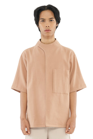 CAMEL OVERSIZED COLLARLESS SHIRT WITH OVERLAP DETAIL