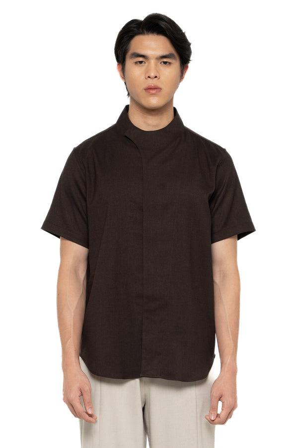 DARK BROWN COLLARLESS OVERLAP SHORT SLEEVE SHIRT - Jan Sober