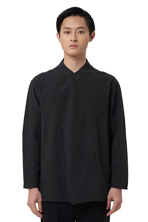BLACK STRIPED SHIRT WITH PLEATS OPENING