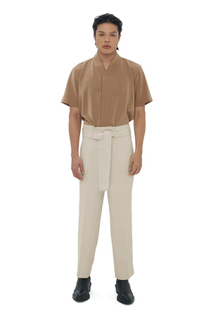 BEIGE LOOSE PANTS WITH PLEATED WAISTBAND