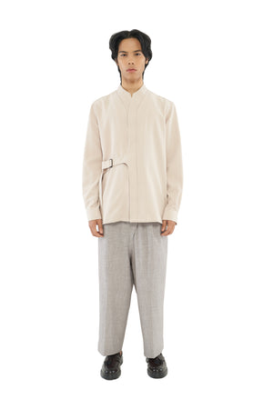 CREAM COLLARLESS SHIRT WITH SIDE BELT
