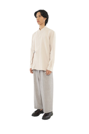 CREAM COLLARLESS SHIRT WITH SIDE BELT