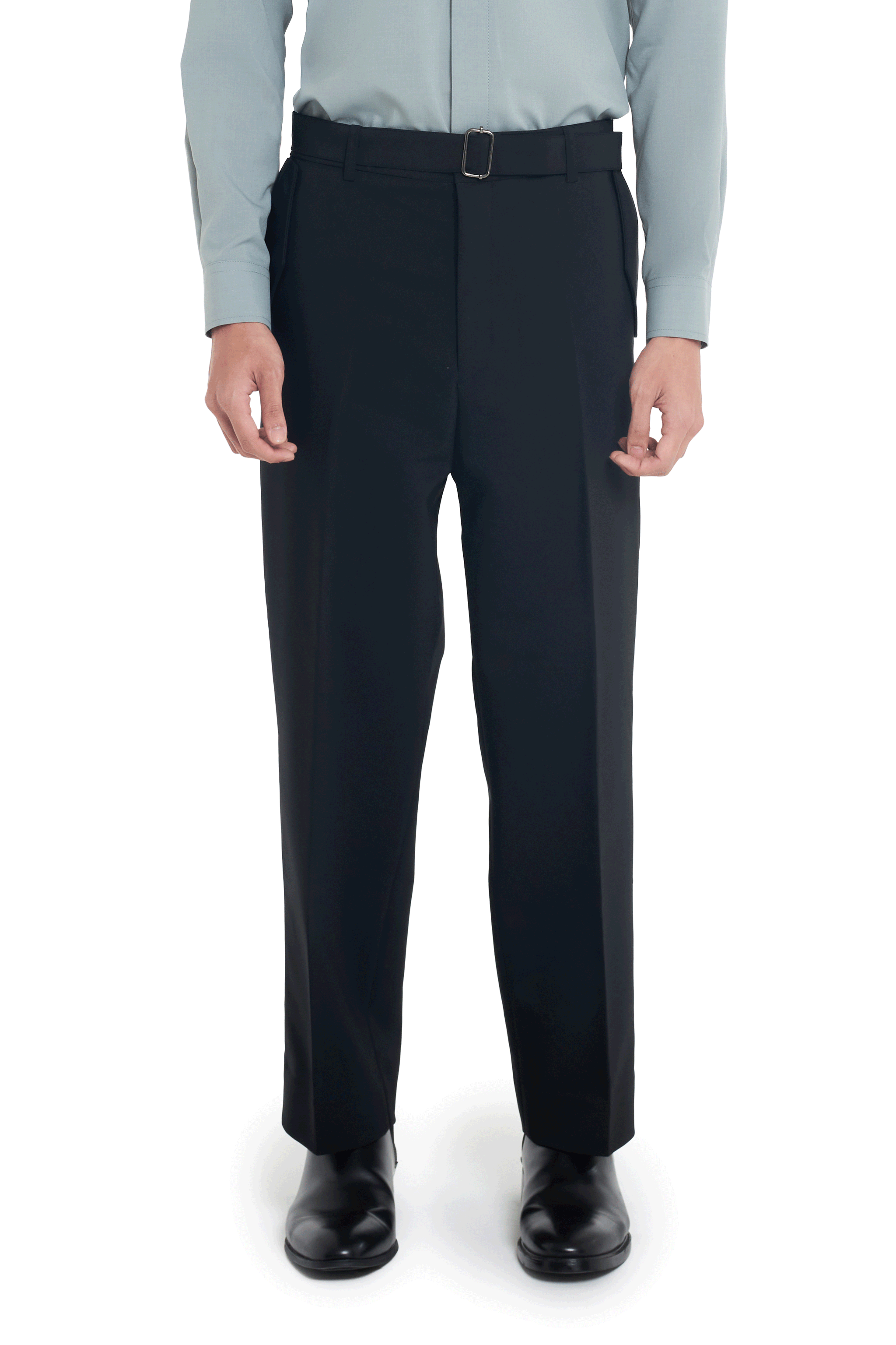 BLACK SLIM FIT PANTS WITH FLAP POCKET ON SIDE AND BELT