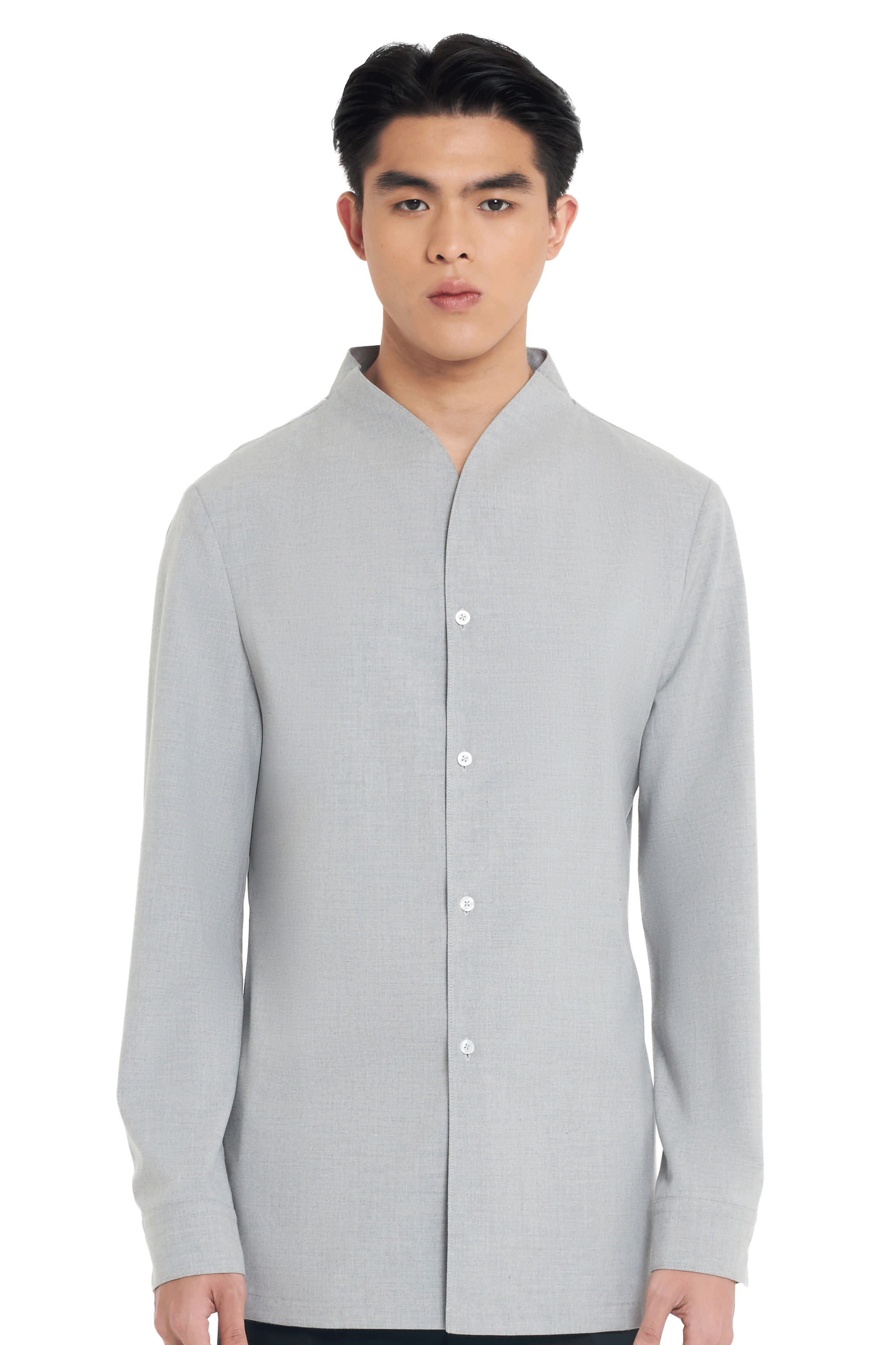 LIGHT GREY COLLARLESS LONG-SLEEVE SHIRT WITH VISIBLE BUTTONS – SLIM FIT