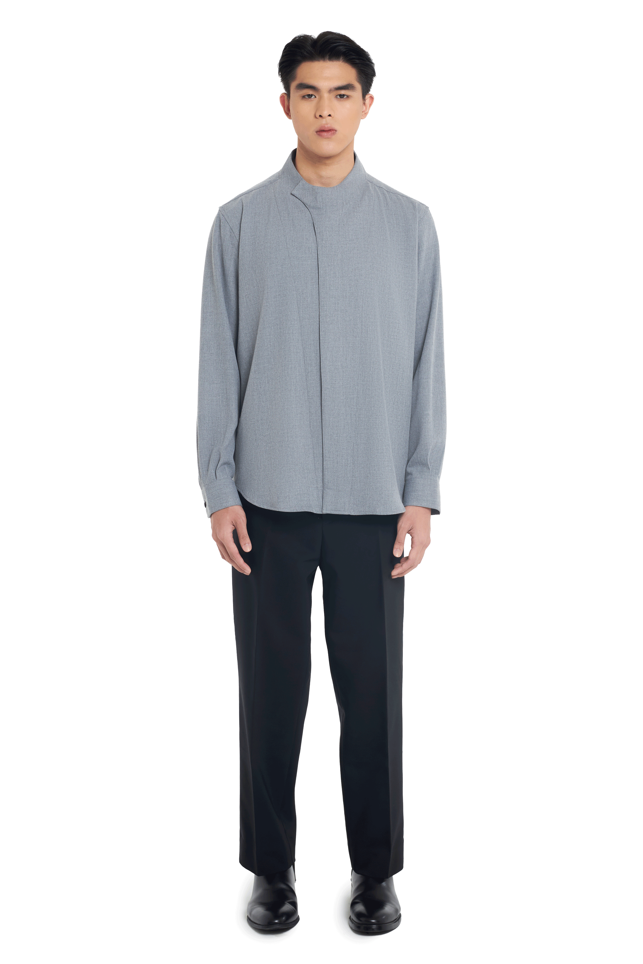 GREY COLLARLESS OVERLAP LONG SLEEVES SHIRT - Jan Sober GREY COLLARLESS OVERLAP LONG SLEEVES SHIRT - Jan Sober