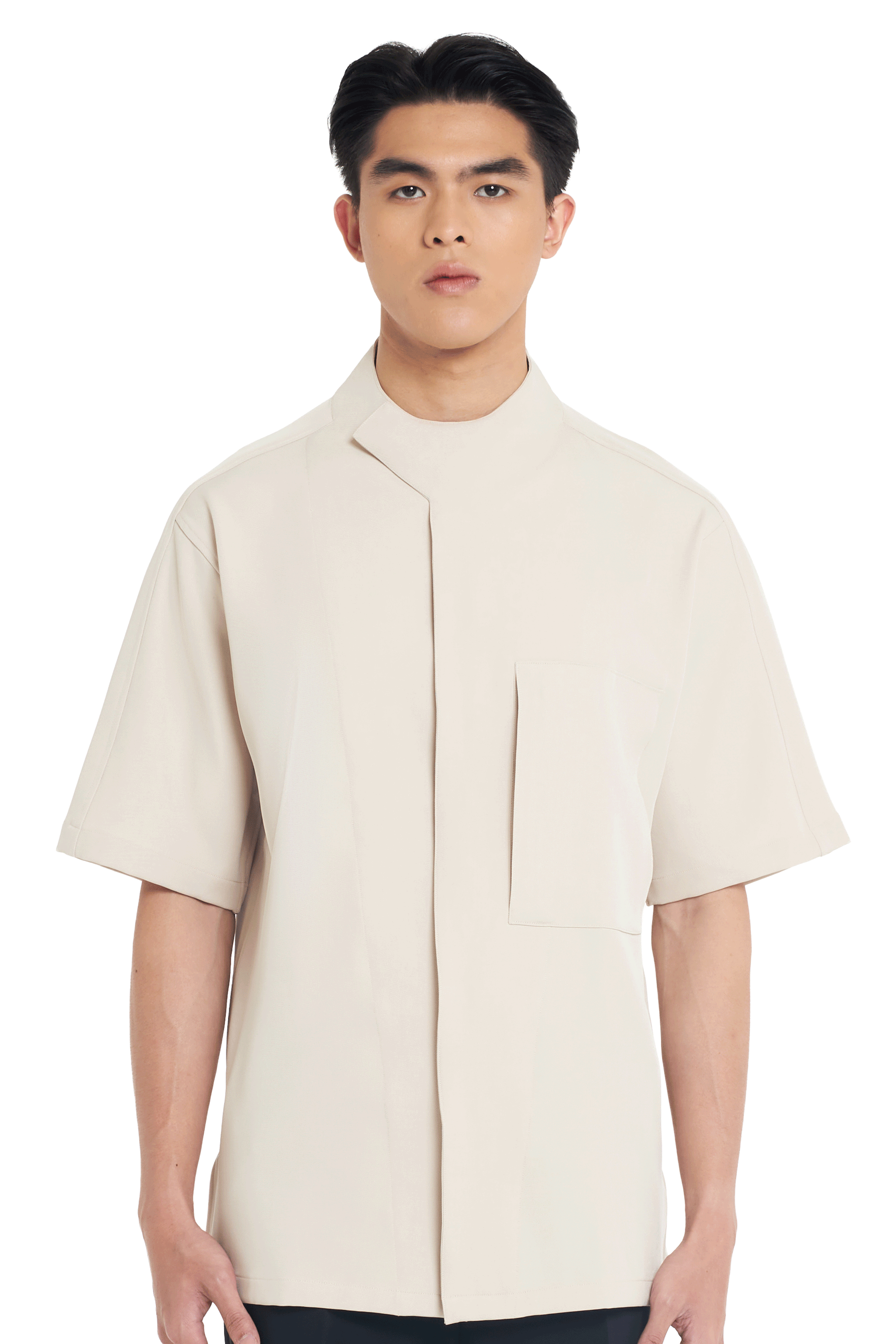 CREAM OVERLAP OVERSIZED SHORT SLEEVE SHIRT