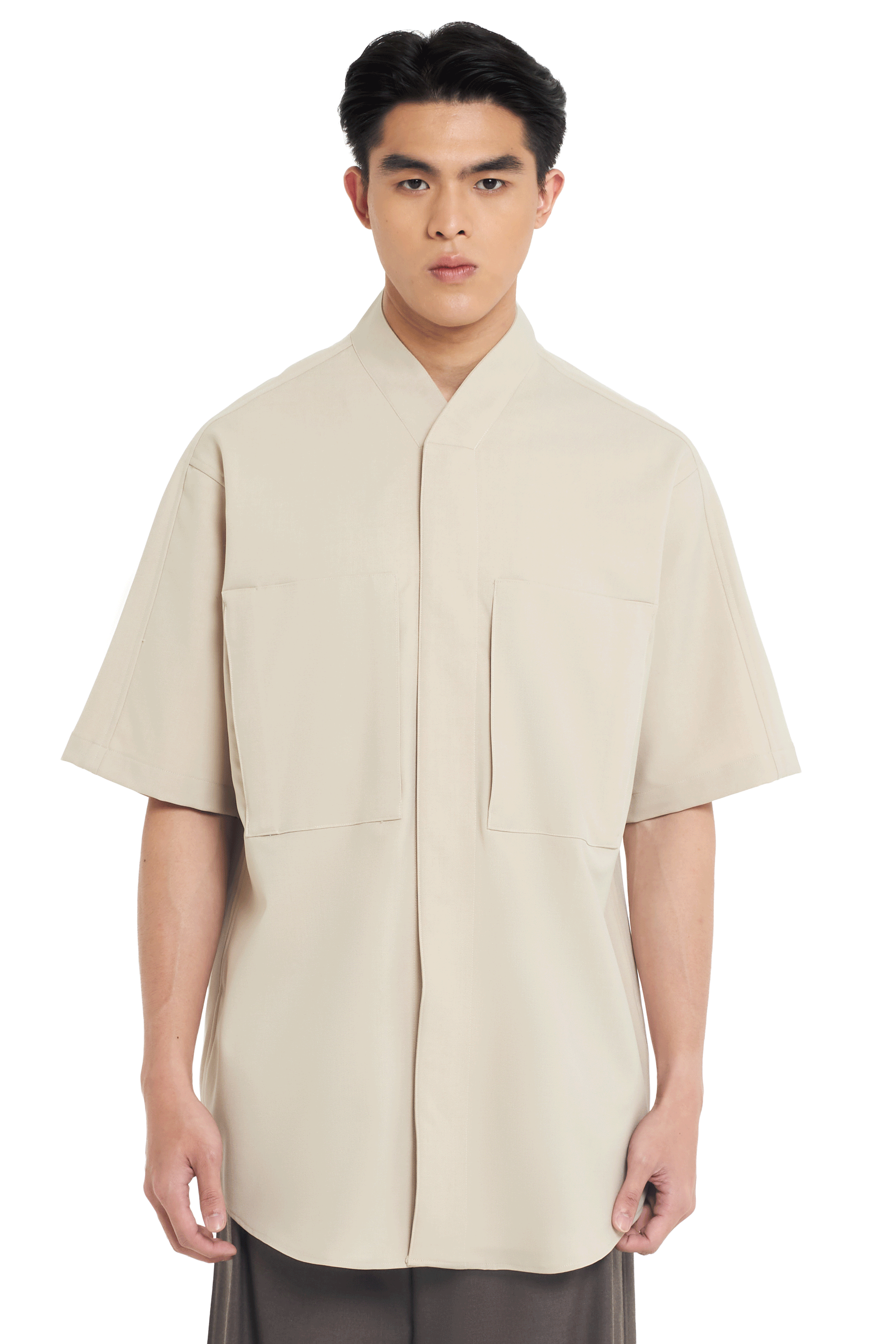CREAM LOOSE COLLARLESS PART 4 WITH 2 SQUARE POCKET SHORT SLEEVES SHIRT