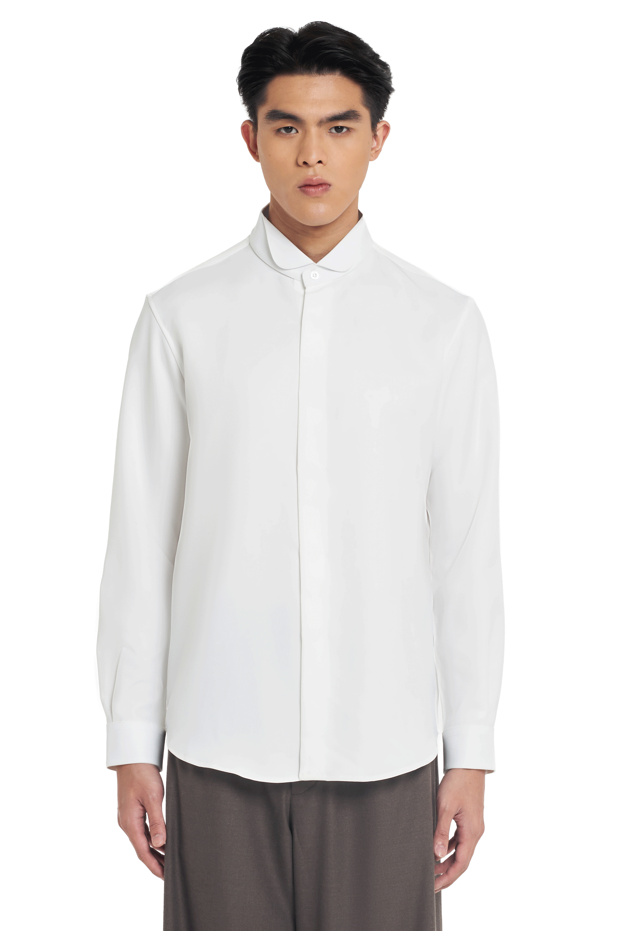 WHITE ROUNDED WING COLLAR LONG SLEEVE SHIRT