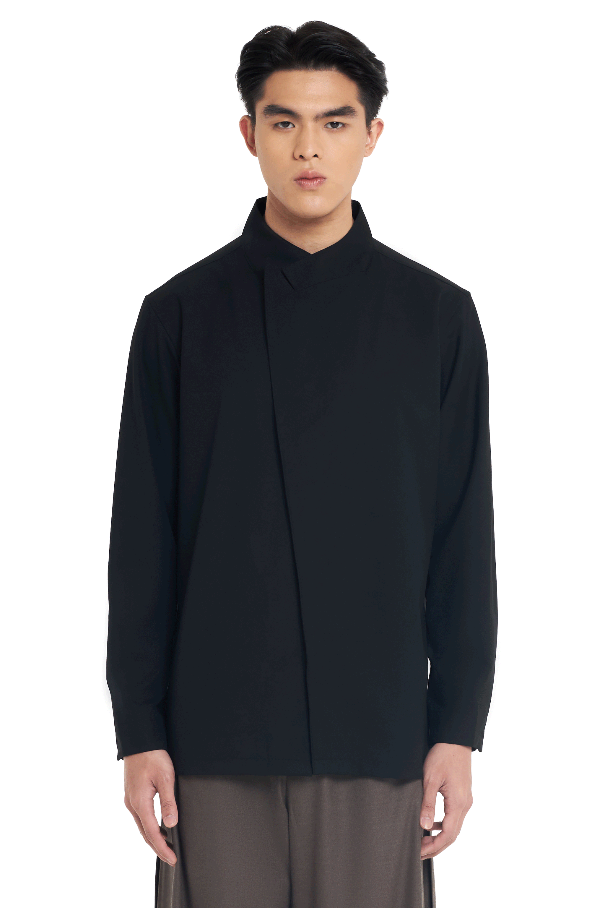 BLACK COLLARLESS OVERLAP LAPEL LONG SLEEVES SHIRT
