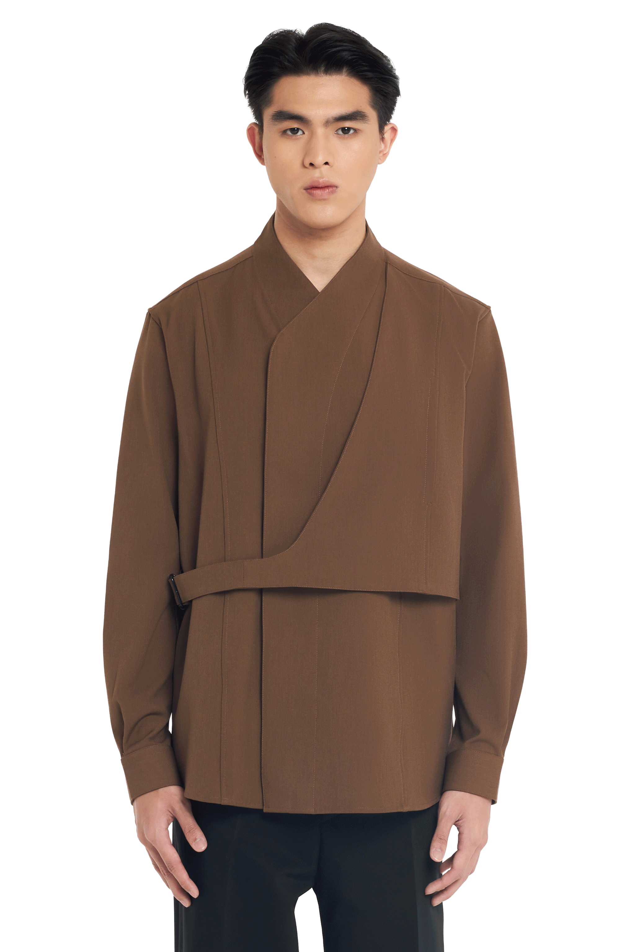 BROWN COLLARLESS WITH LAYERED VEST LONG SLEEVES SHIRT