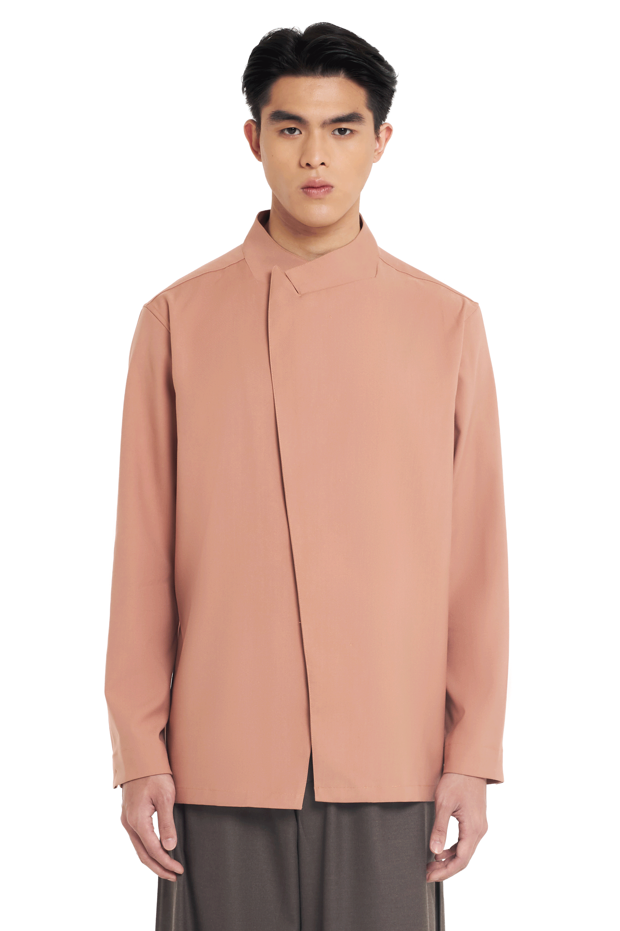 SALMON COLLARLESS OVERLAP LAPEL LONG SLEEVES SHIRT