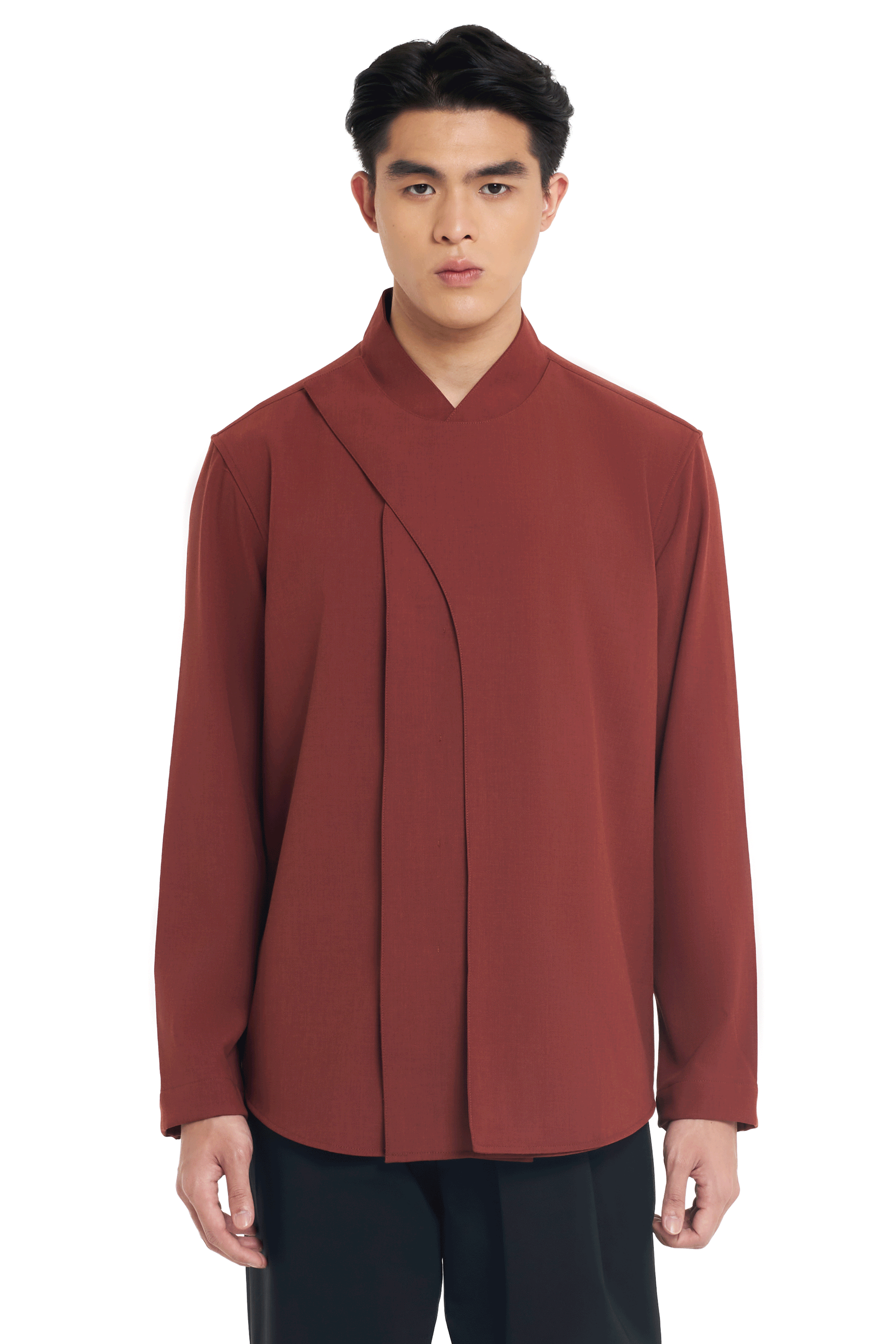 TERRACOTA COLLARLESS LAYER OVERLAP LONG SLEEVES SHIRT
