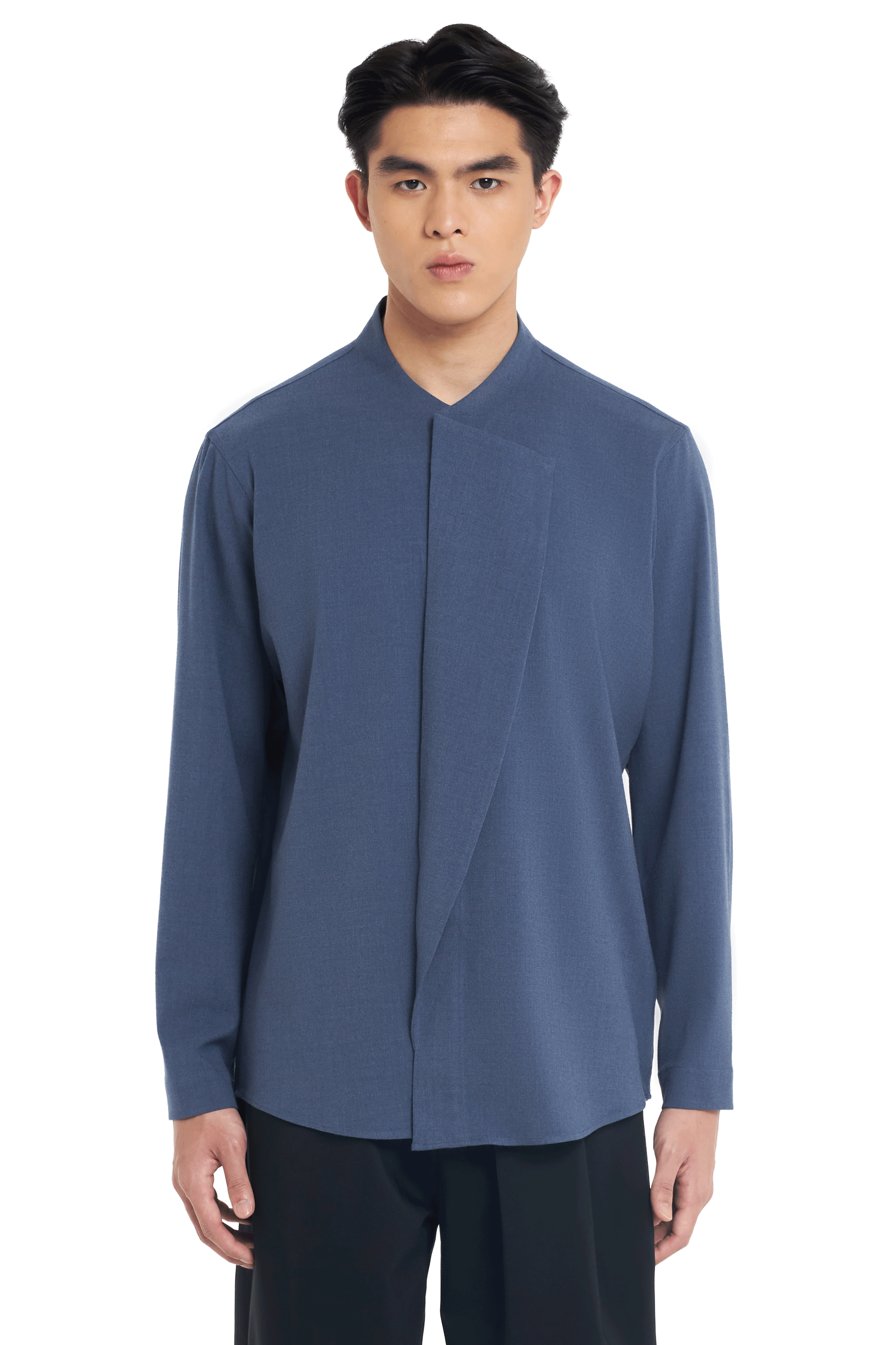 BLUE DENIM HALF REVERSE LAPEL DETAIL LONG SLEEVES SHIRT