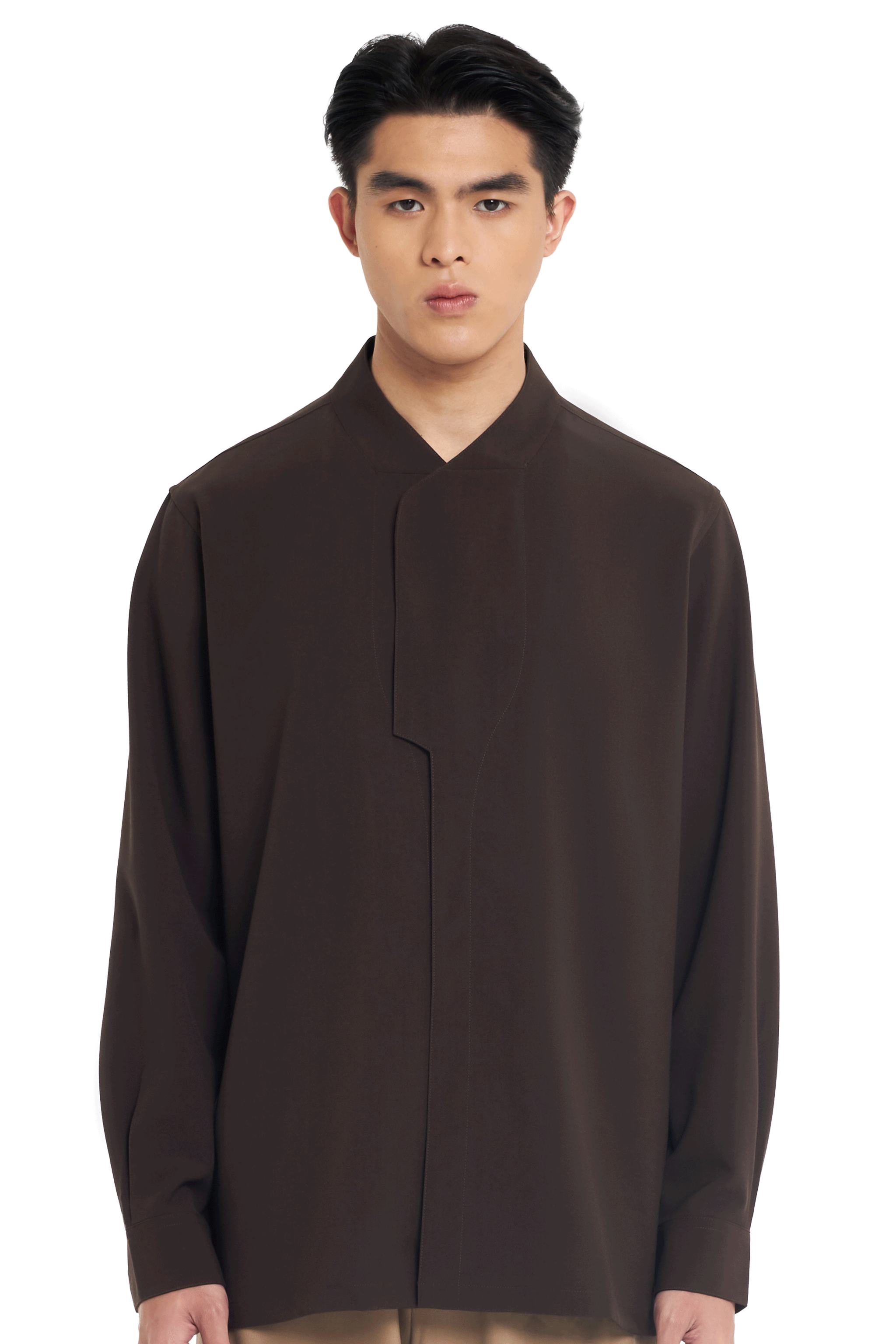 DARK BROWN COLLARLESS PART 6 LONG SLEEVES SHIRT