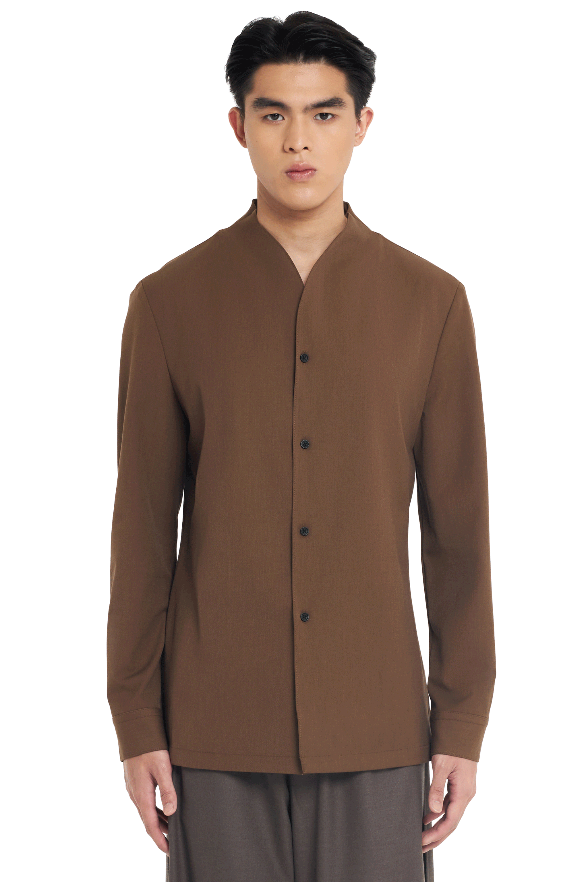 BROWN COLLARLESS LONG-SLEEVE SHIRT WITH VISIBLE BUTTONS – SLIM FIT