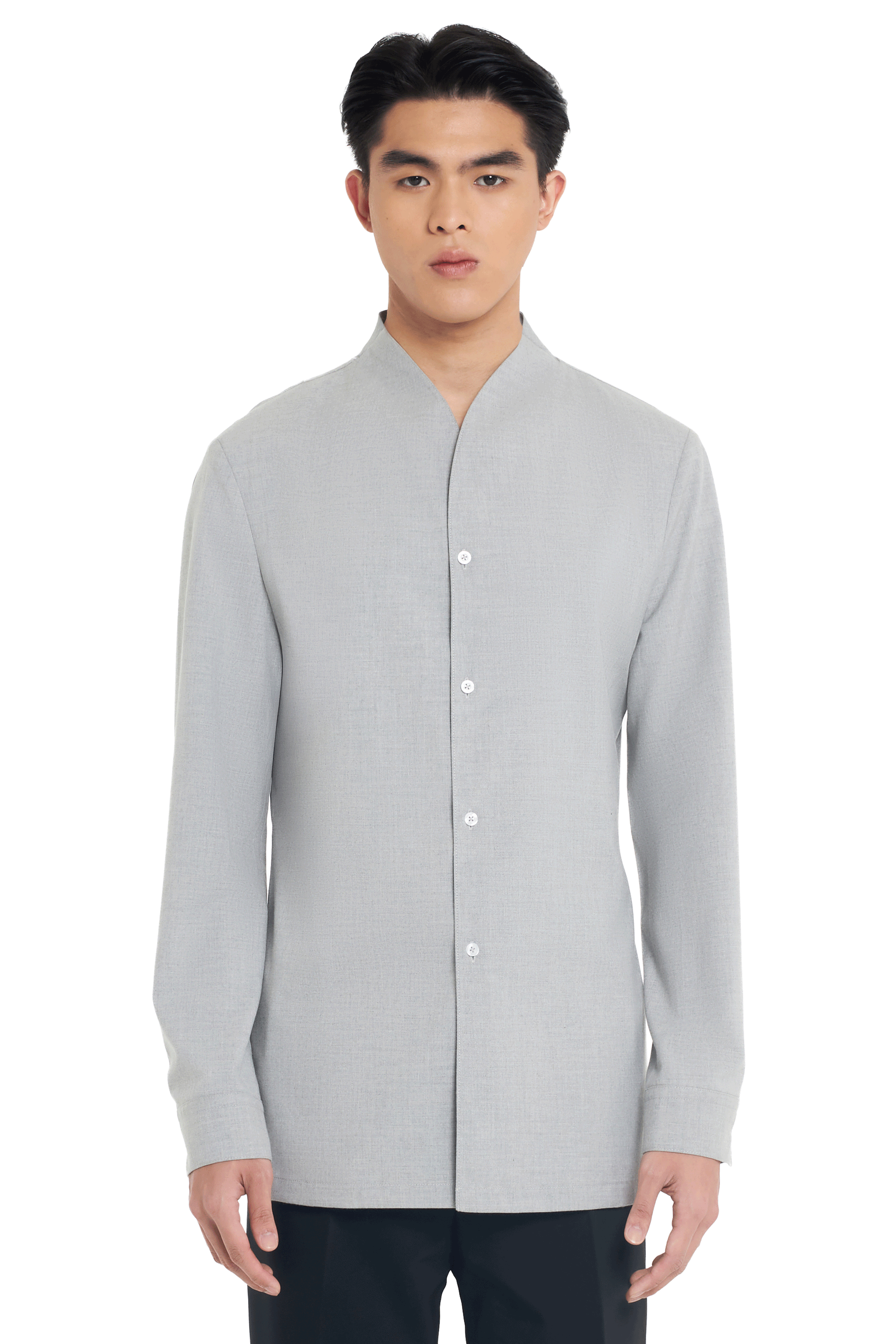 LIGHT GREY COLLARLESS LONG-SLEEVE SHIRT WITH VISIBLE BUTTONS – SLIM FIT