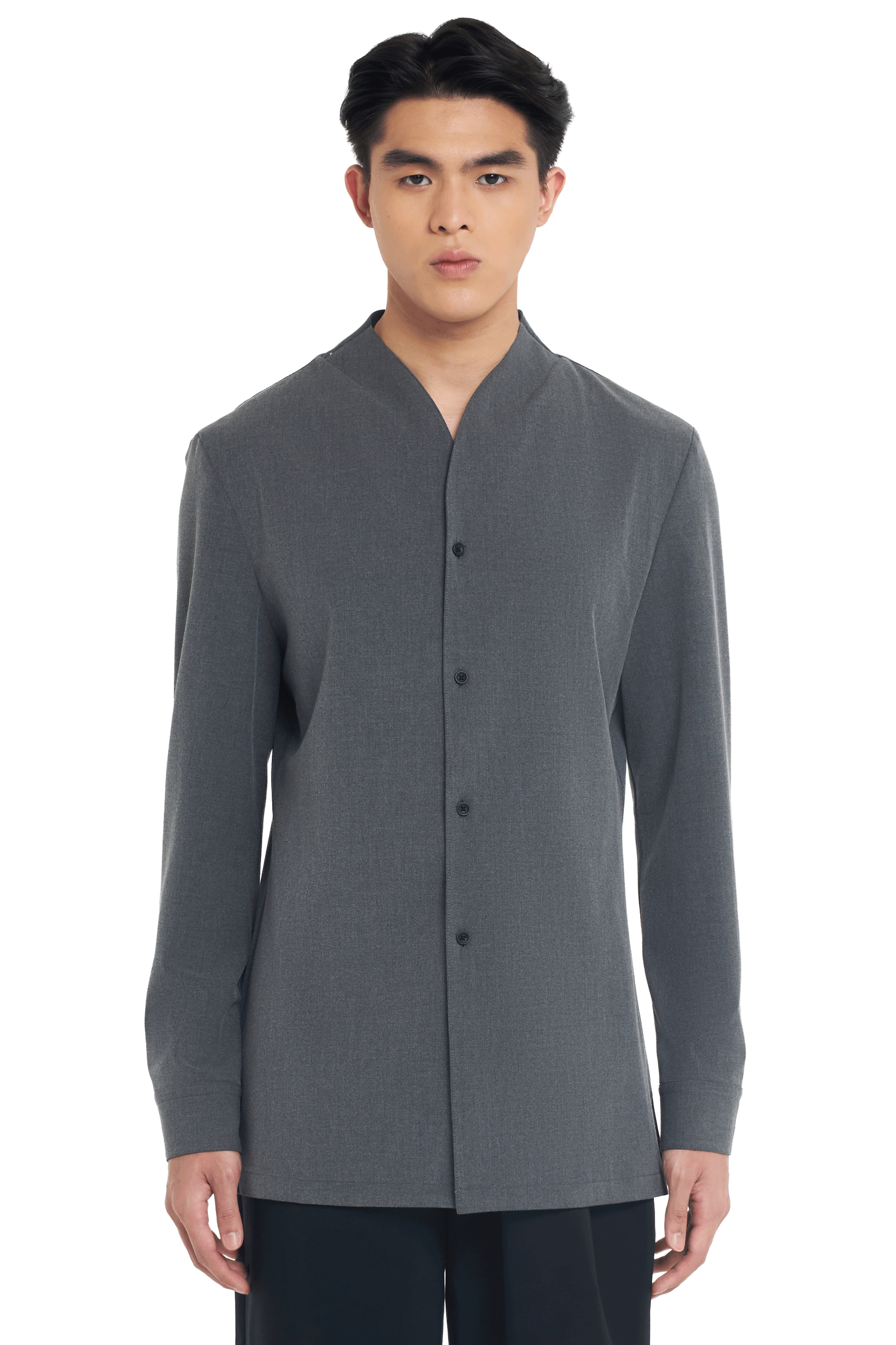 DARK GREY COLLARLESS LONG-SLEEVE SHIRT WITH VISIBLE BUTTONS – SLIM FIT