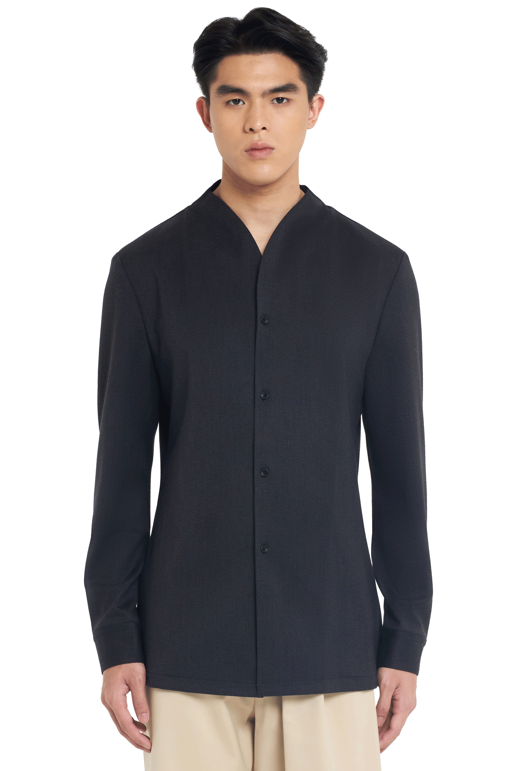 CHARCOAL COLLARLESS LONG-SLEEVE SHIRT WITH VISIBLE BUTTONS – SLIM FIT