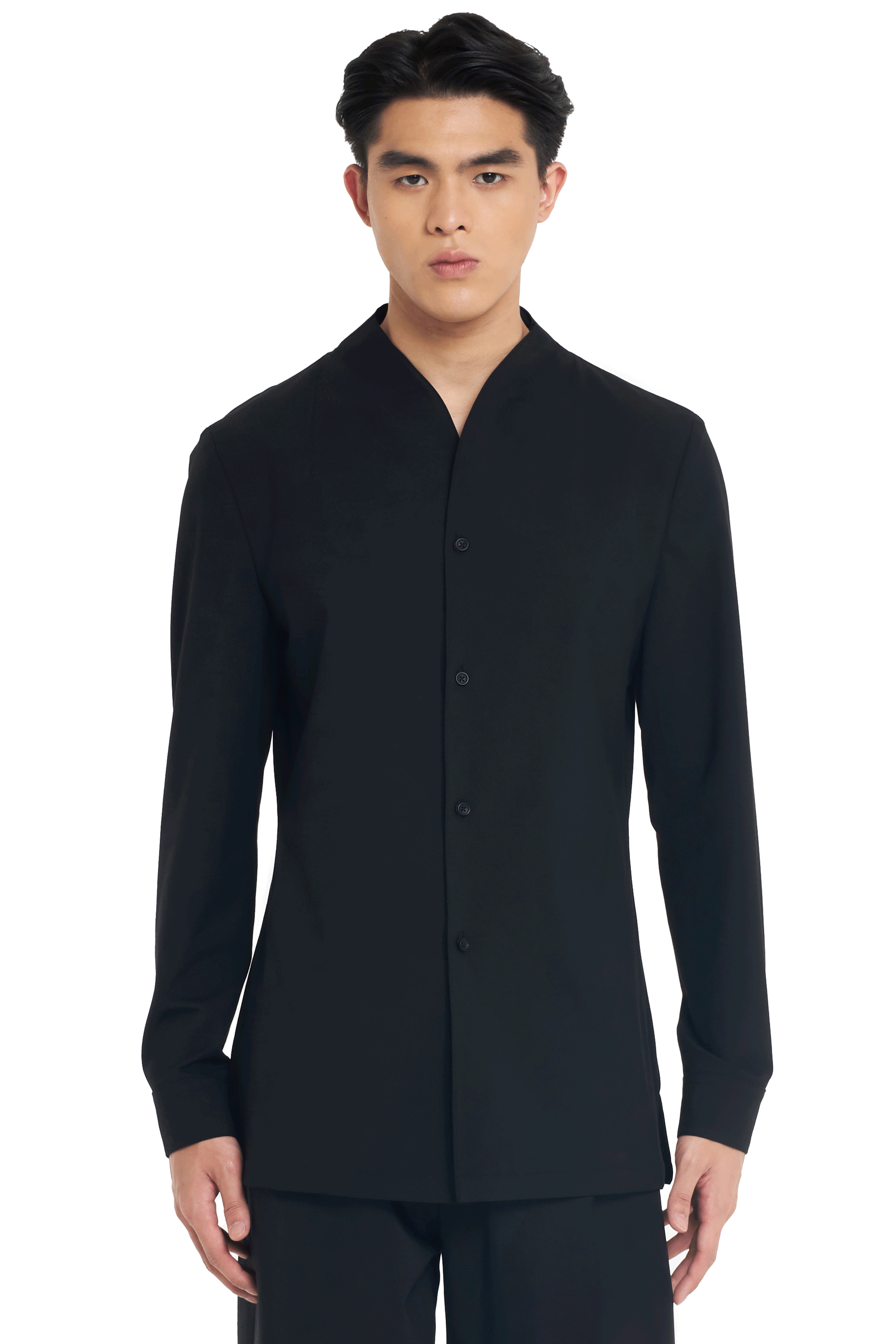 BLACK COLLARLESS LONG-SLEEVE SHIRT WITH VISIBLE BUTTONS – SLIM FIT