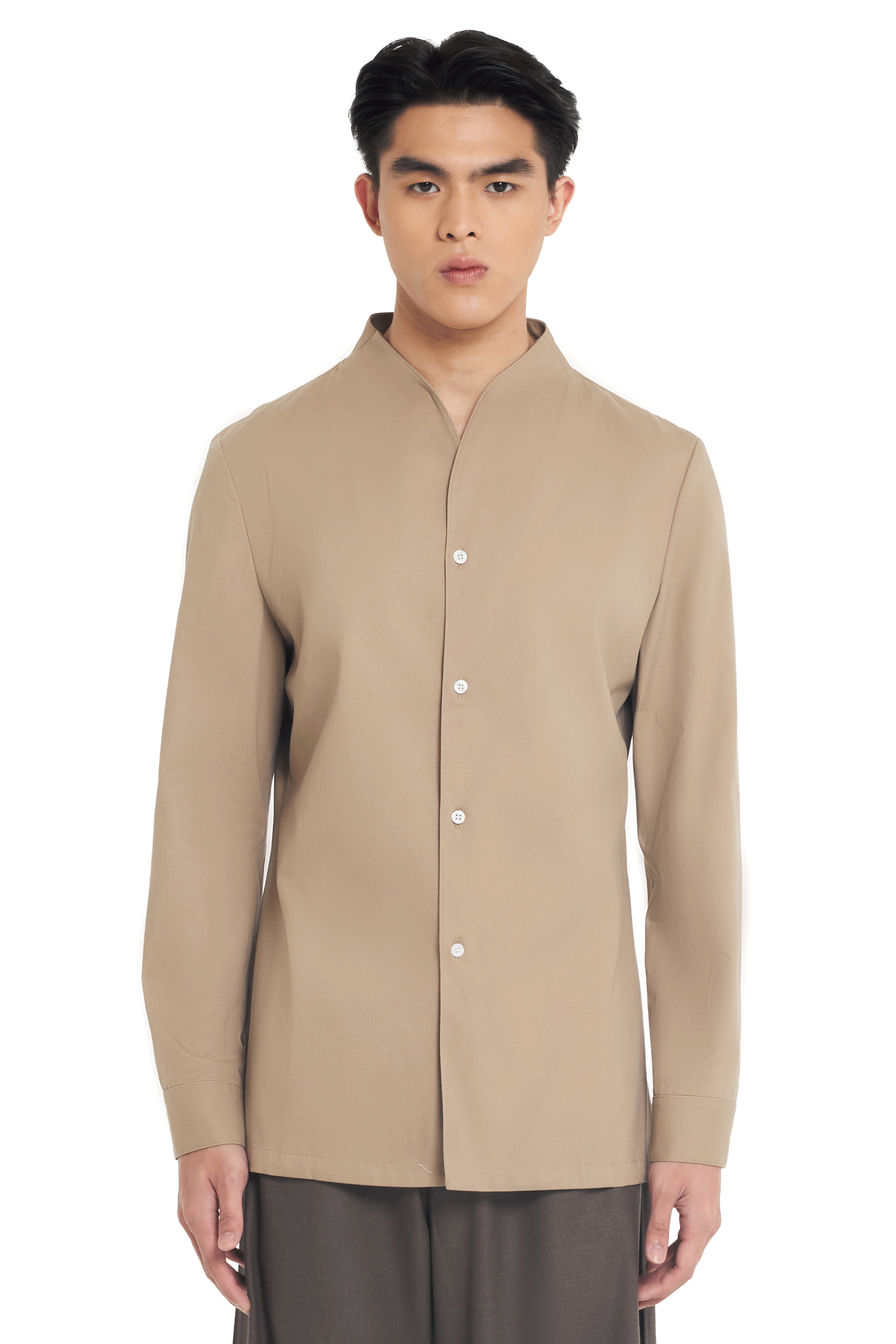 BEIGE COLLARLESS LONG-SLEEVE SHIRT WITH VISIBLE BUTTONS – SLIM FIT