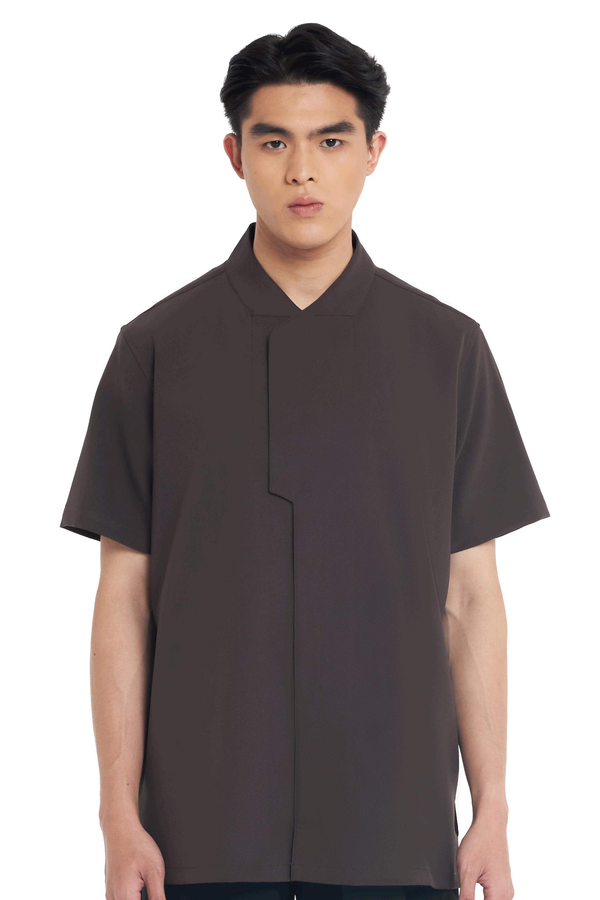 DARK BROWN COLLARLESS PART 6 SHORT SLEEVES SHIRT