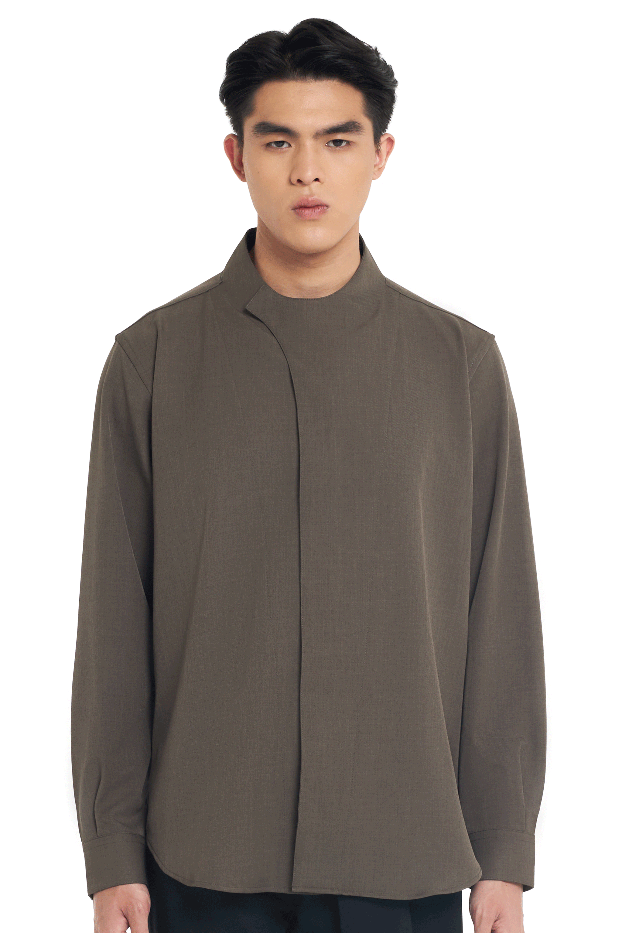 BROWN COLLARLESS OVERLAP LONG SLEEVES SHIRT
