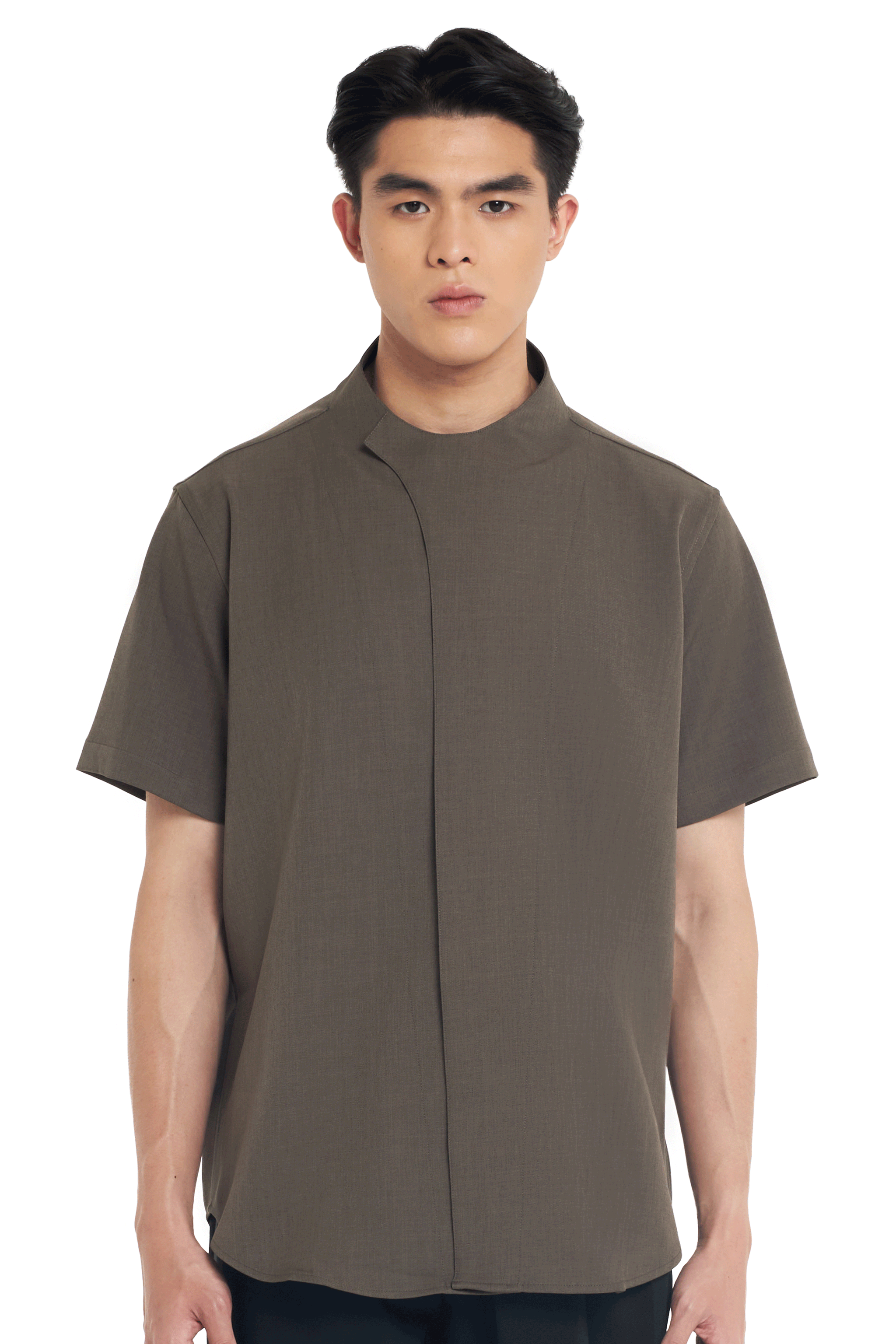 BROWN COLLARLESS OVERLAP SHORT SLEEVES SHIRT