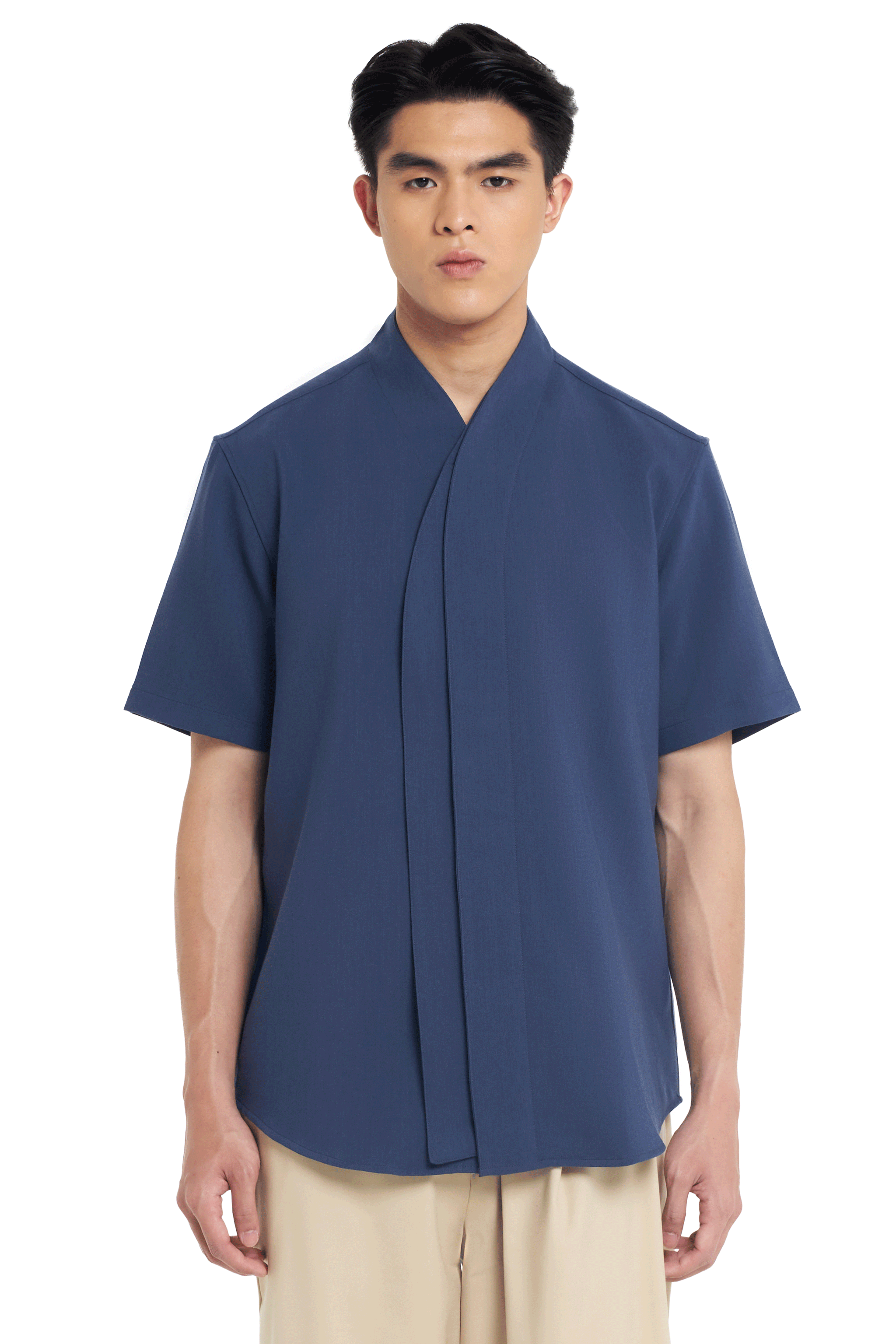 BLUE DENIM COLLARLESS HALF LAYER SHORT SLEEVES SHIRT