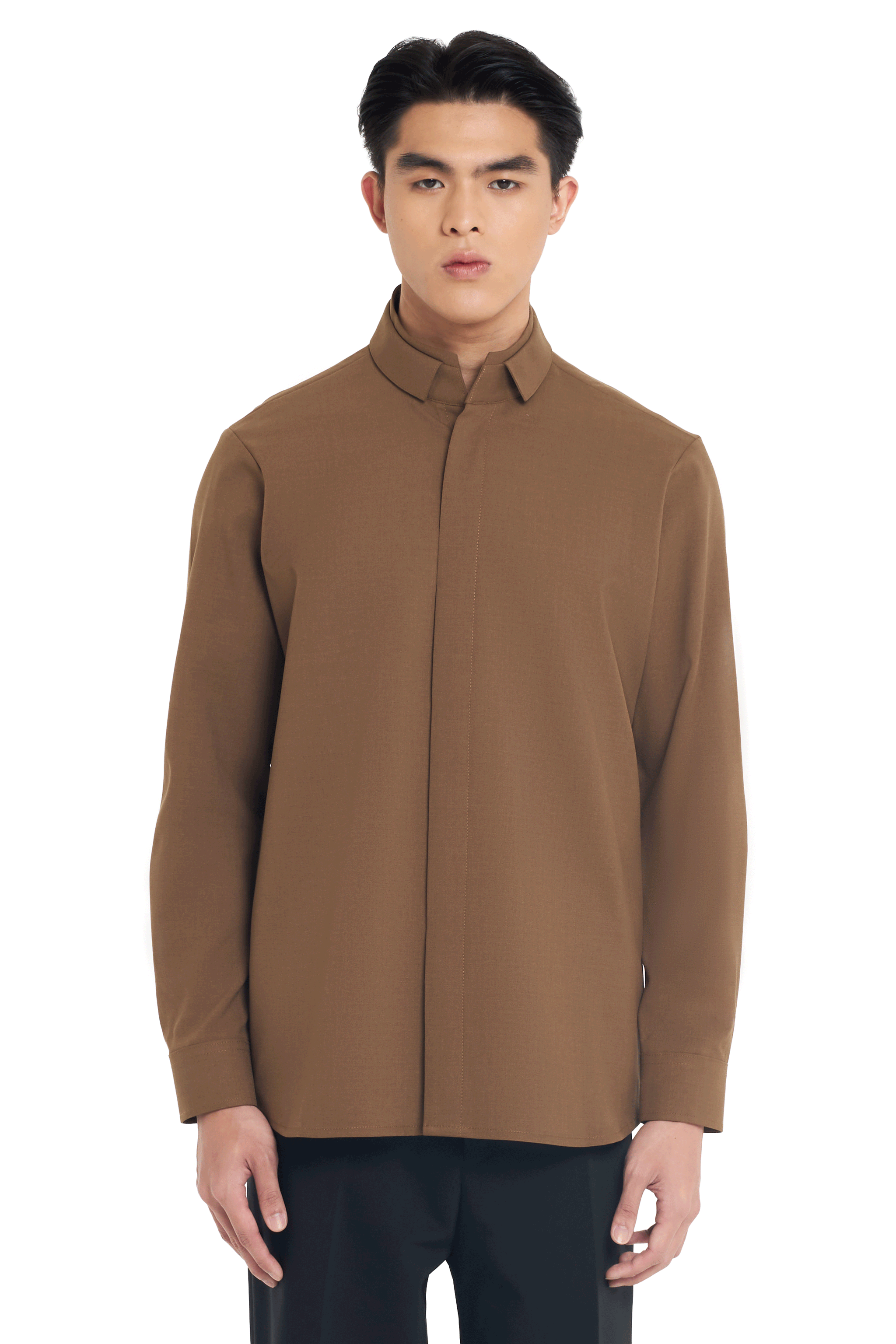 BROWN DUAL COLLAR LONG SLEEVES SHIRT