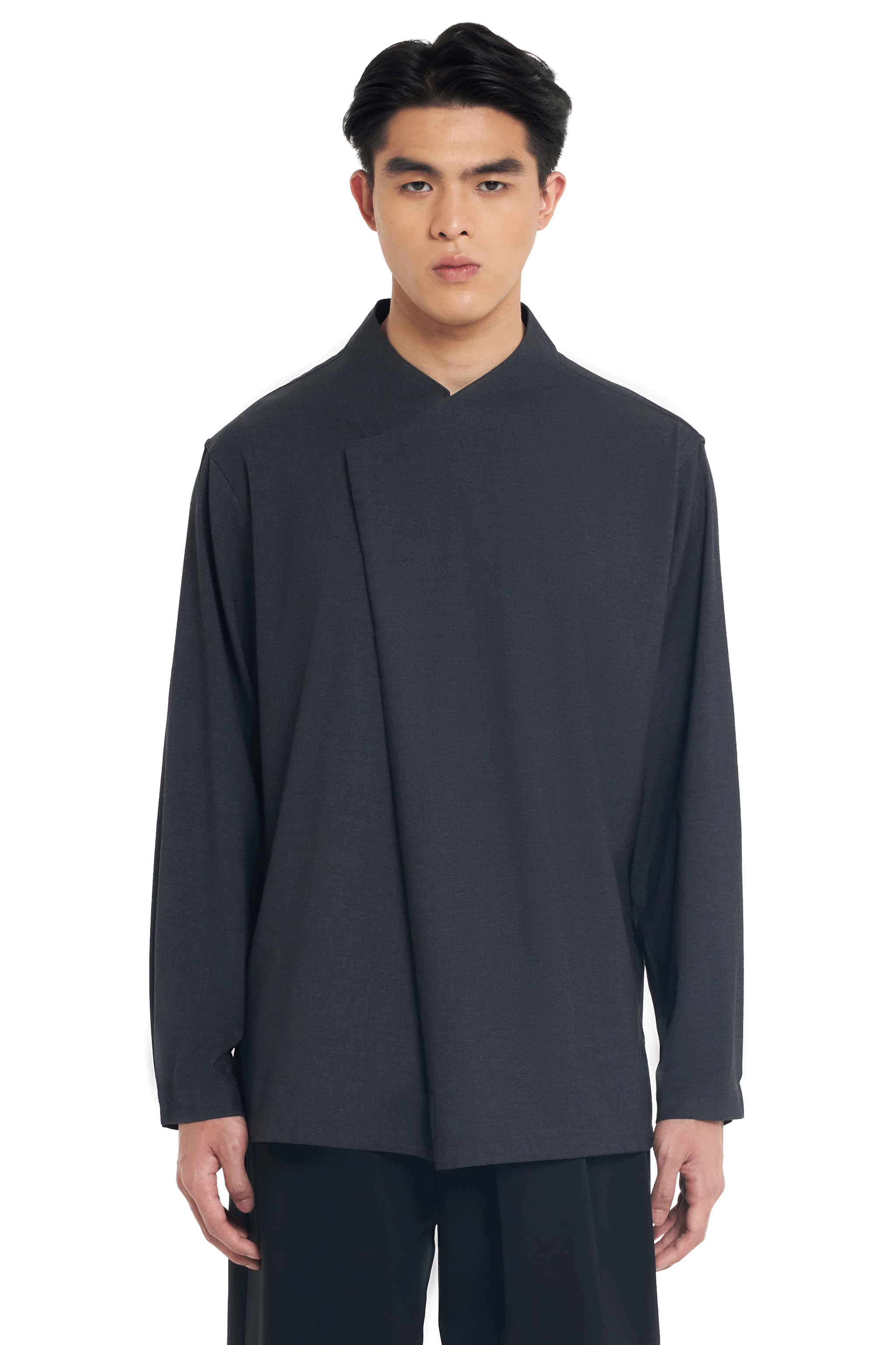 DARK GREY COLLARLESS PLEATS OPENING LONG SLEEVES SHIRT