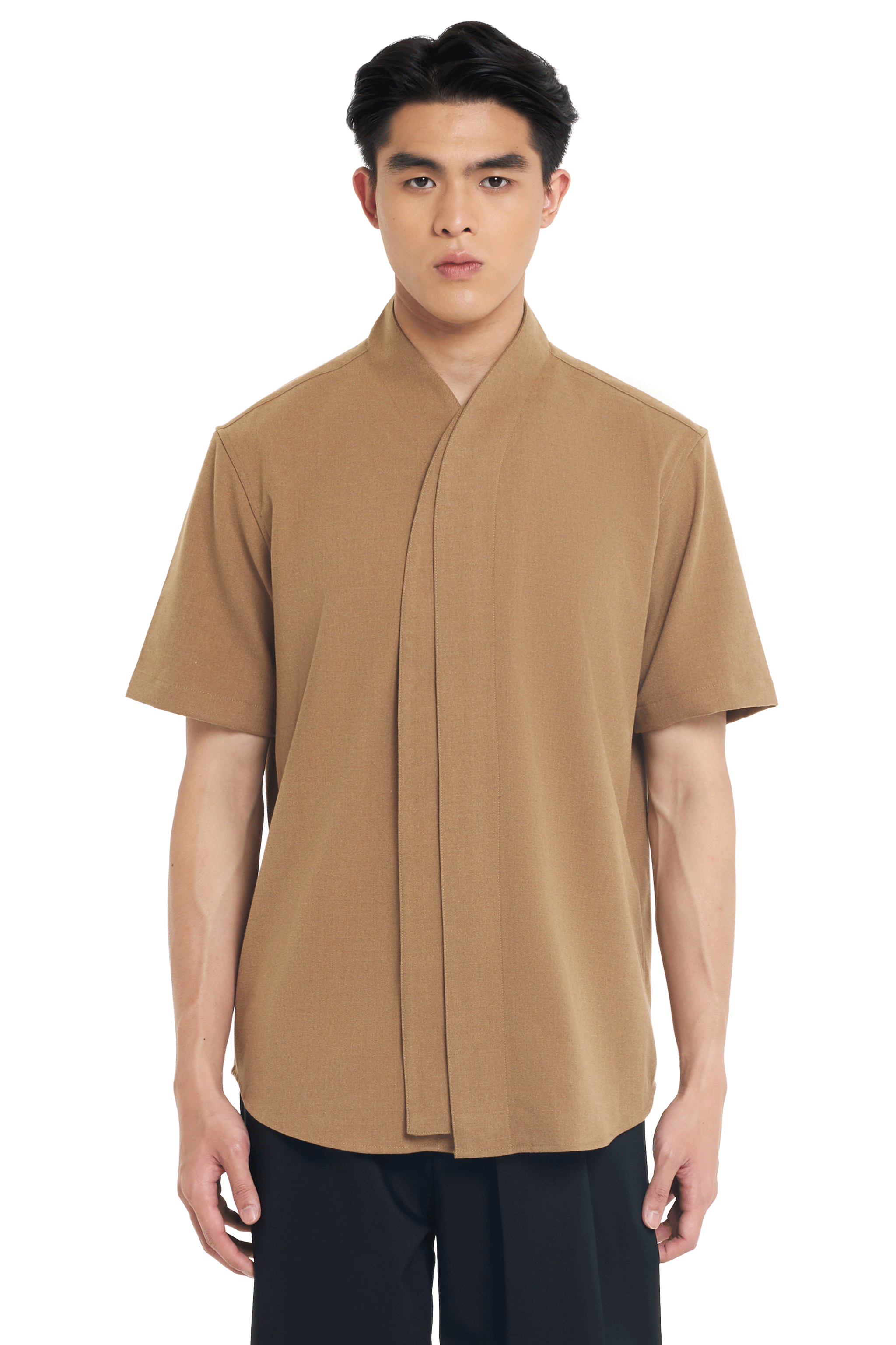 CAMEL COLLARLESS HALF LAYER SHORT SLEEVES SHIRT