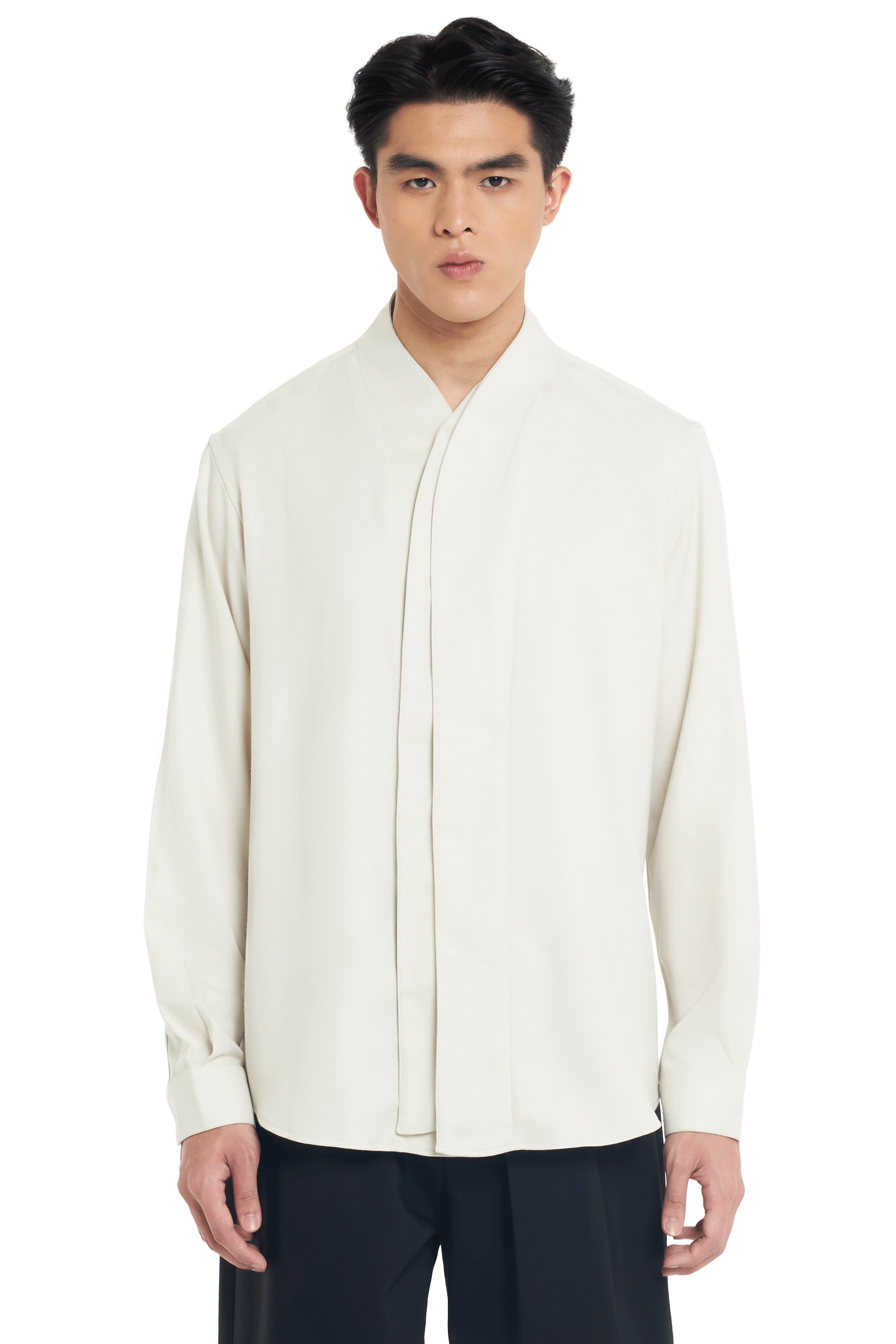 LIGHT CREAM COLLARLESS HALF LAYER LONG SLEEVES SHIRT