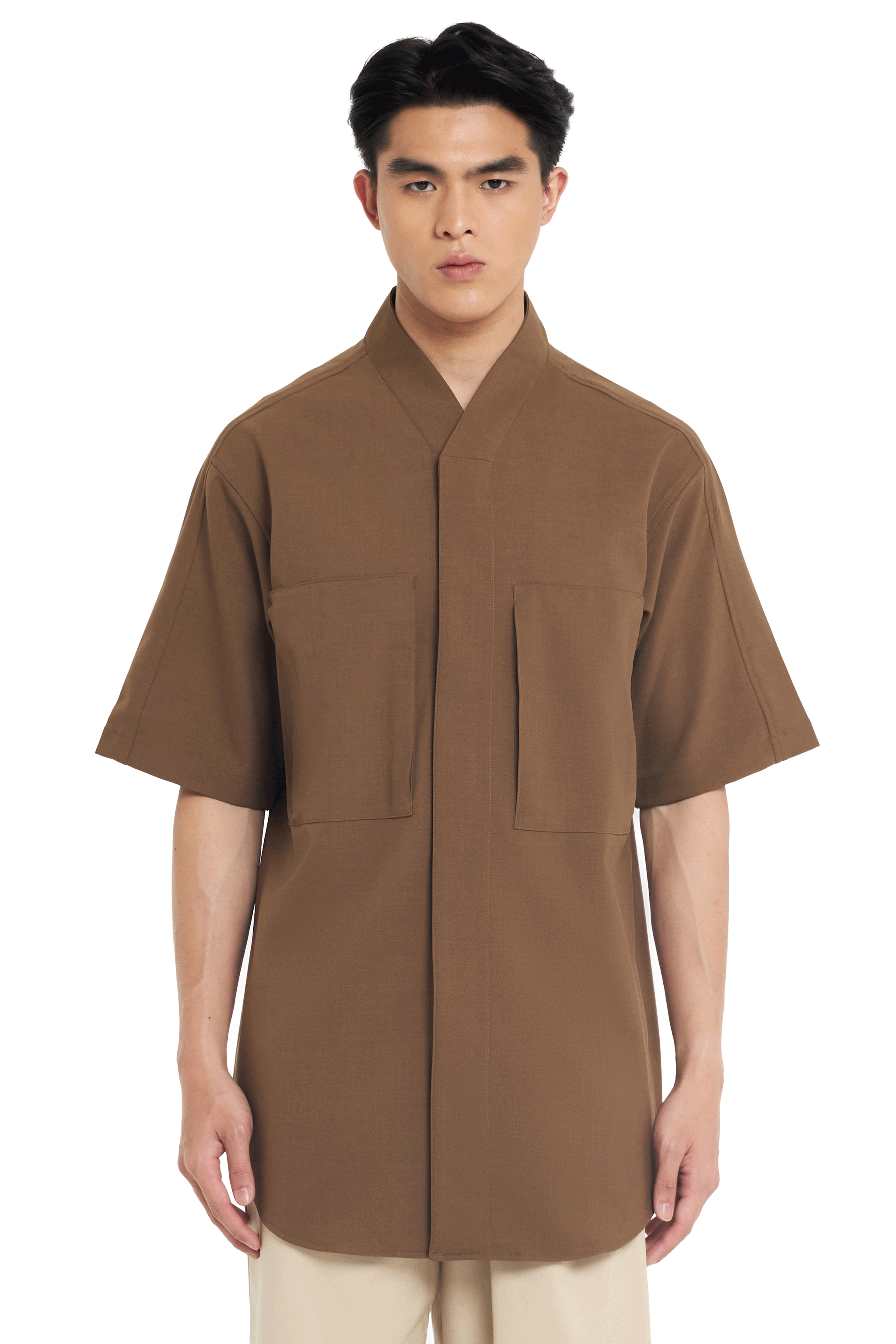 BROWN LOOSE COLLARLESS PART 4 WITH 2 SQUARE POCKET SHORT SLEEVES SHIRT