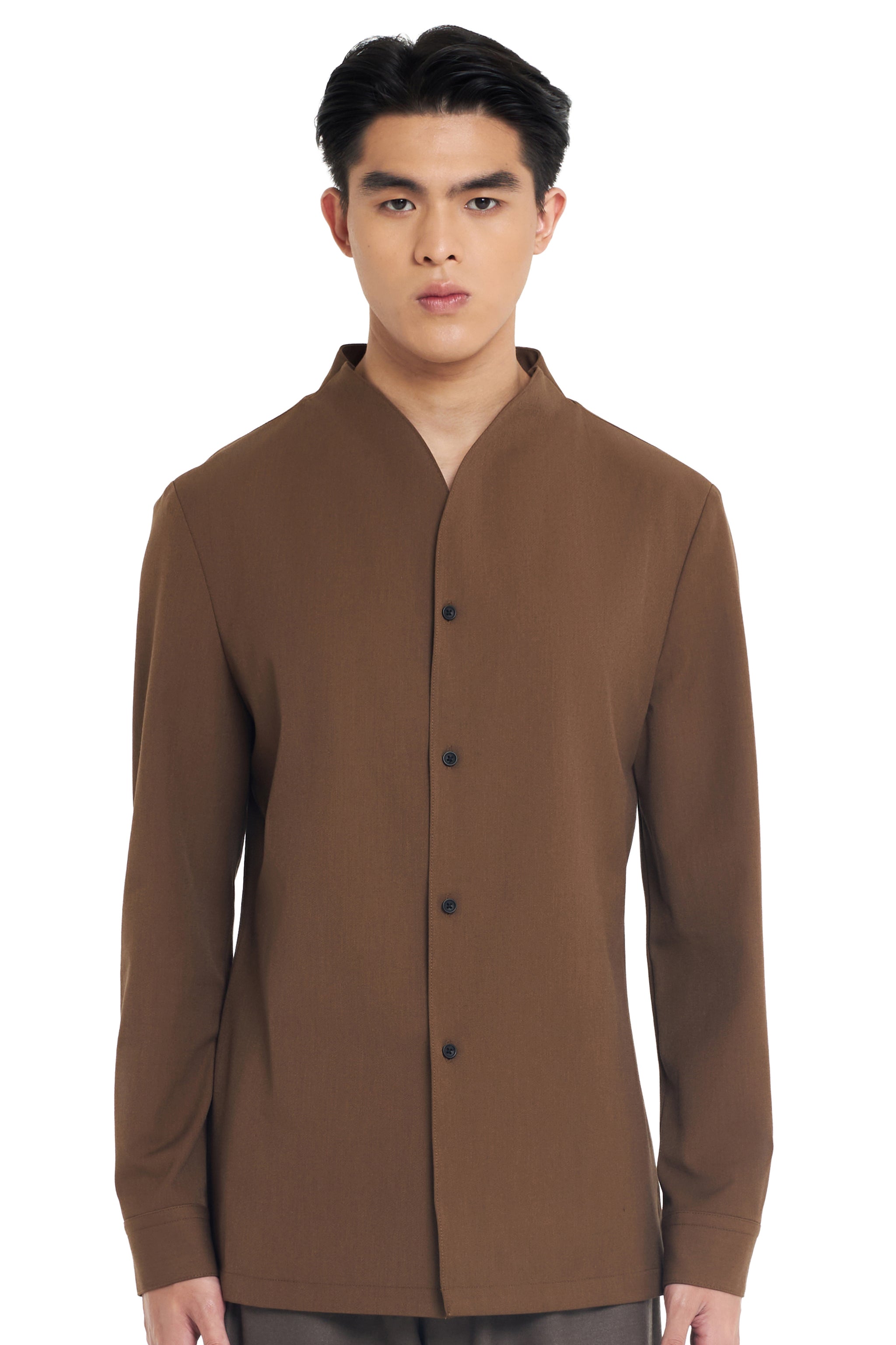 BROWN COLLARLESS LONG-SLEEVE SHIRT WITH VISIBLE BUTTONS – SLIM FIT