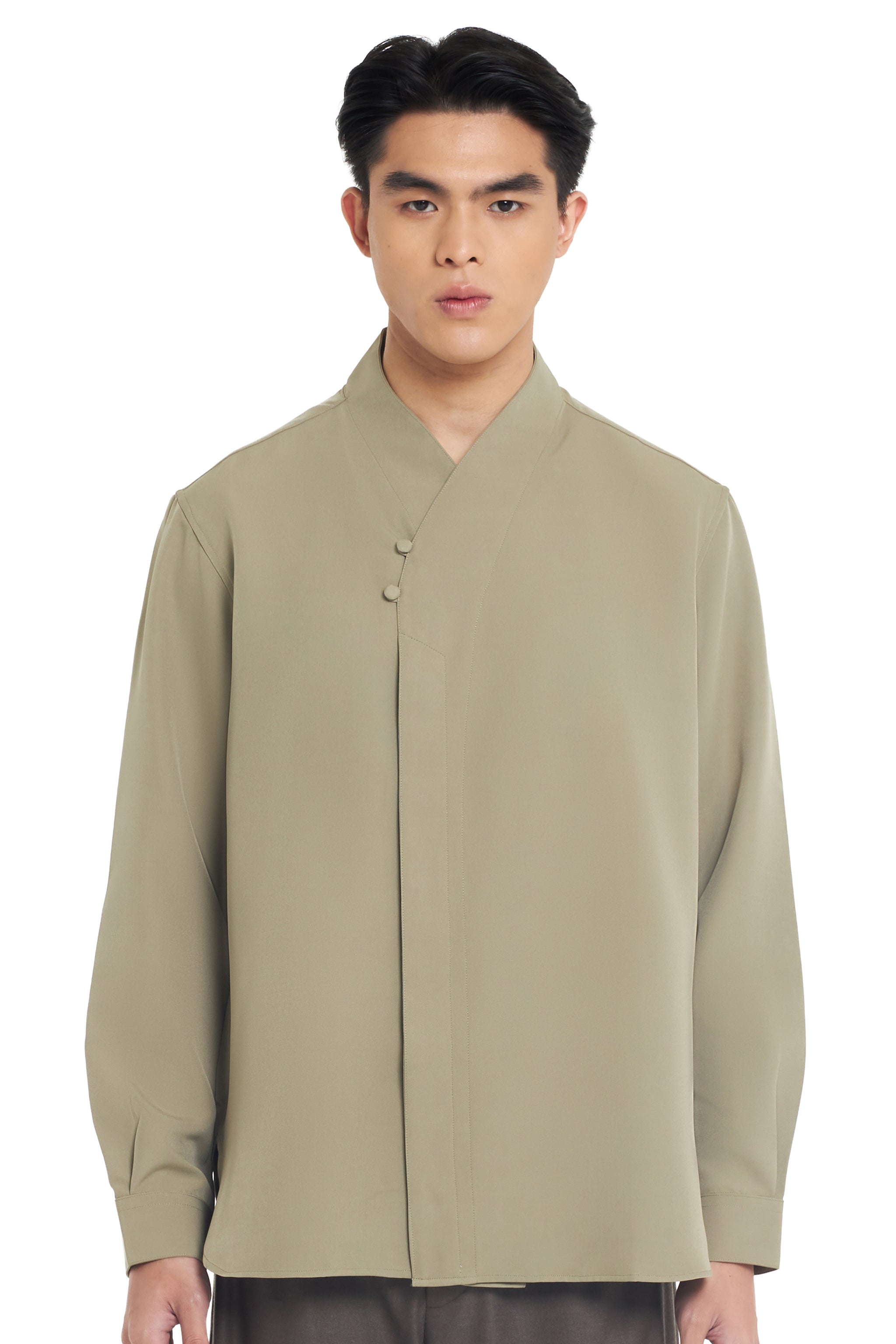 OLIVE COLLARLESS MANDARIN 2 BUTTON LONG SLEEVES SHIRT