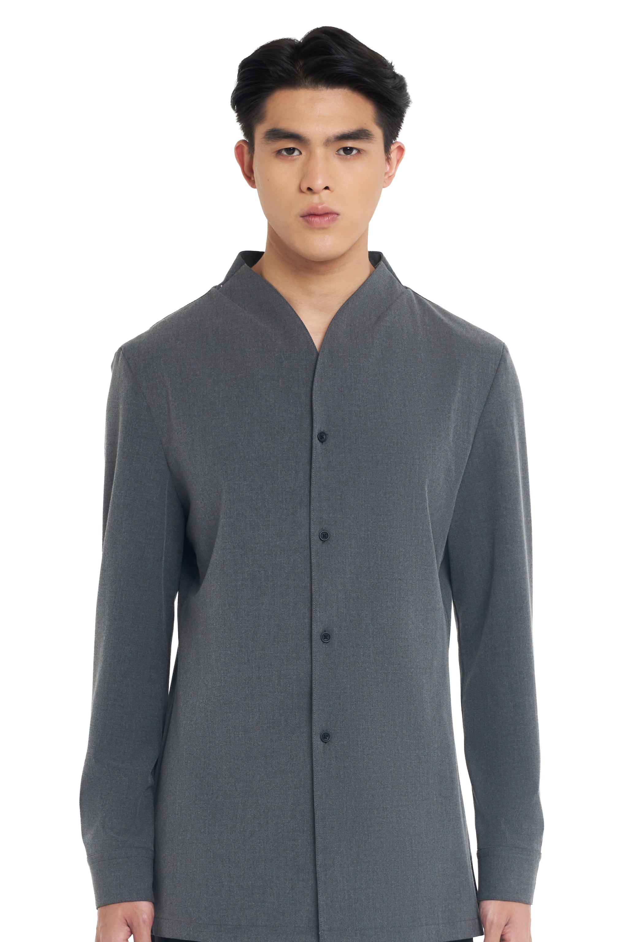 DARK GREY COLLARLESS LONG-SLEEVE SHIRT WITH VISIBLE BUTTONS – SLIM FIT