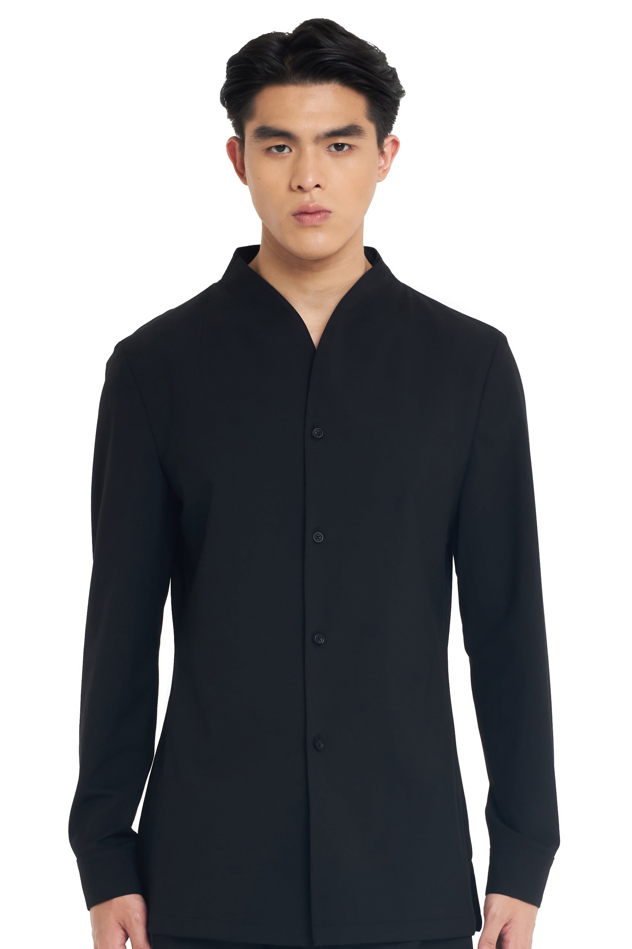 BLACK COLLARLESS LONG-SLEEVE SHIRT WITH VISIBLE BUTTONS – SLIM FIT