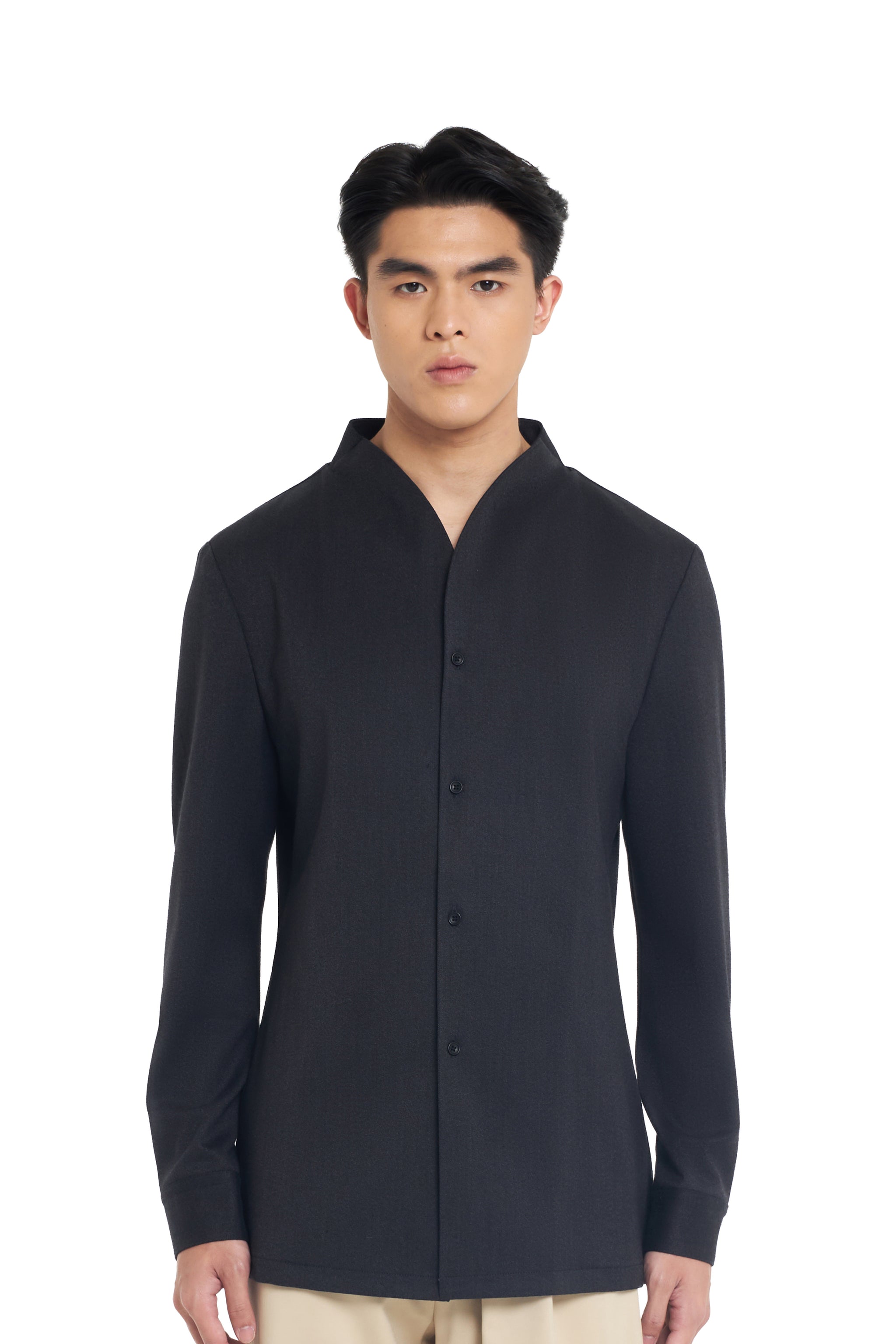 CHARCOAL COLLARLESS LONG-SLEEVE SHIRT WITH VISIBLE BUTTONS – SLIM FIT