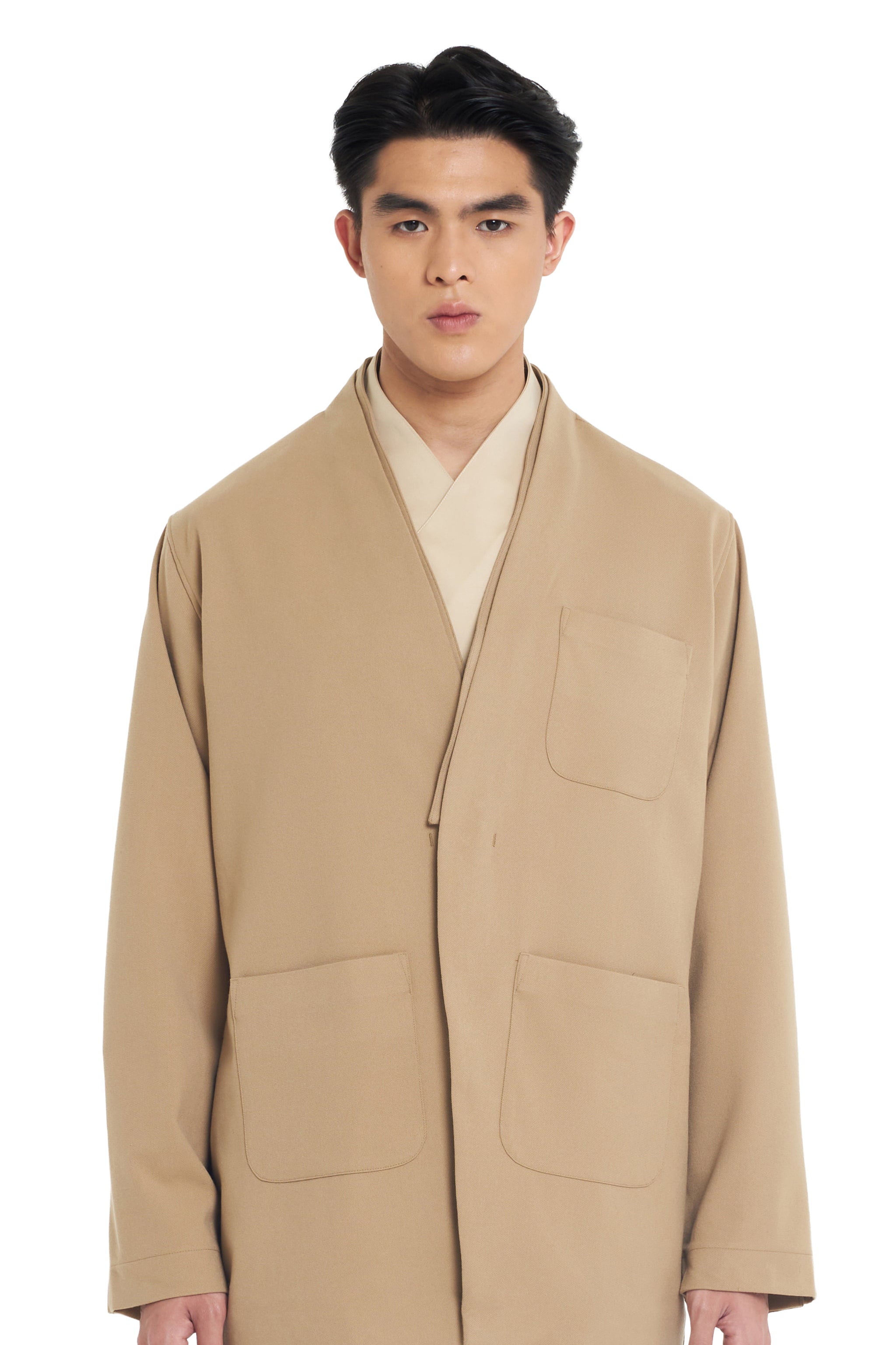 LIGHT BROWN COLLARLESS THREE POCKET OUTER