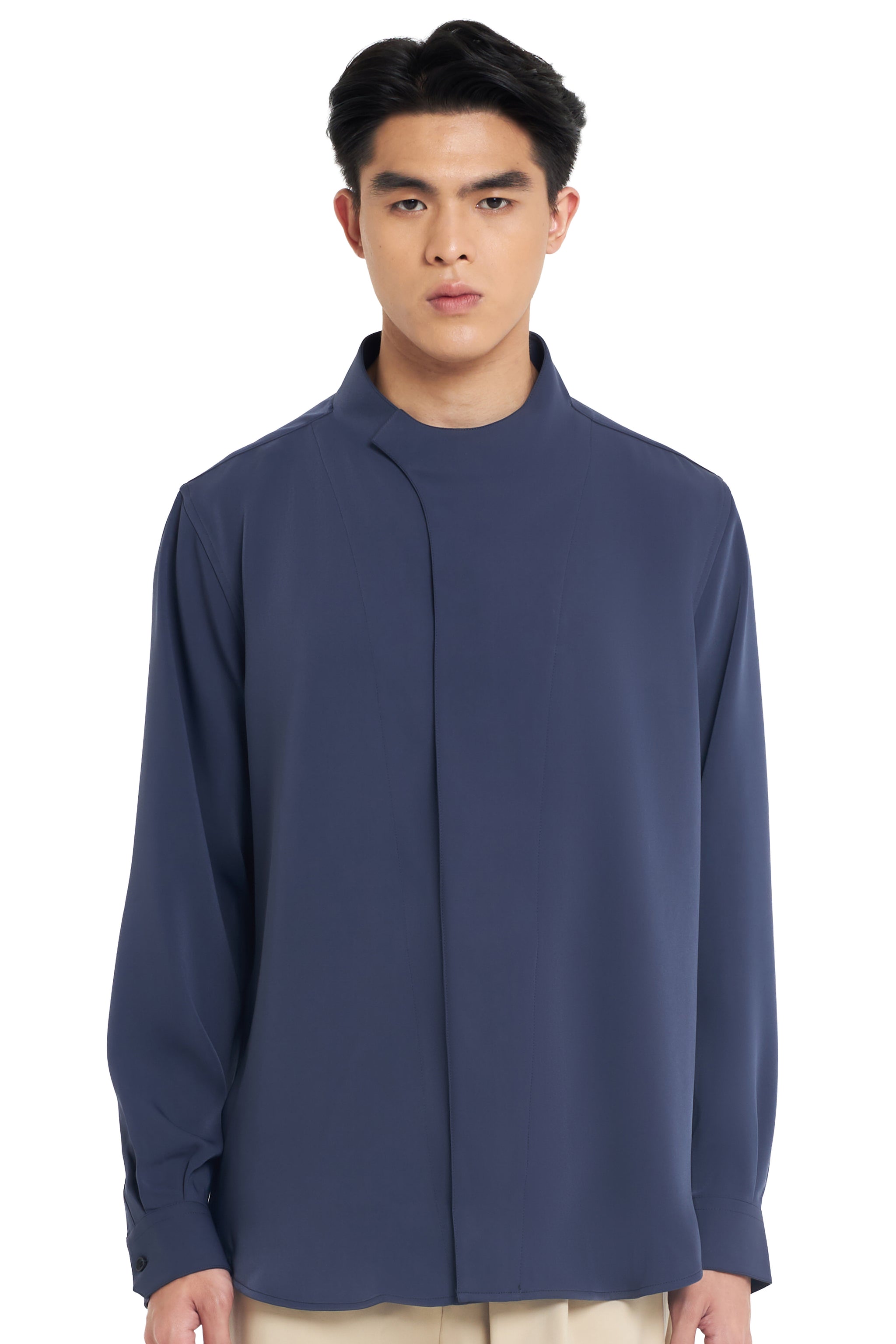 NAVY COLLARLESS OVERLAP LONG SLEEVES SHIRT