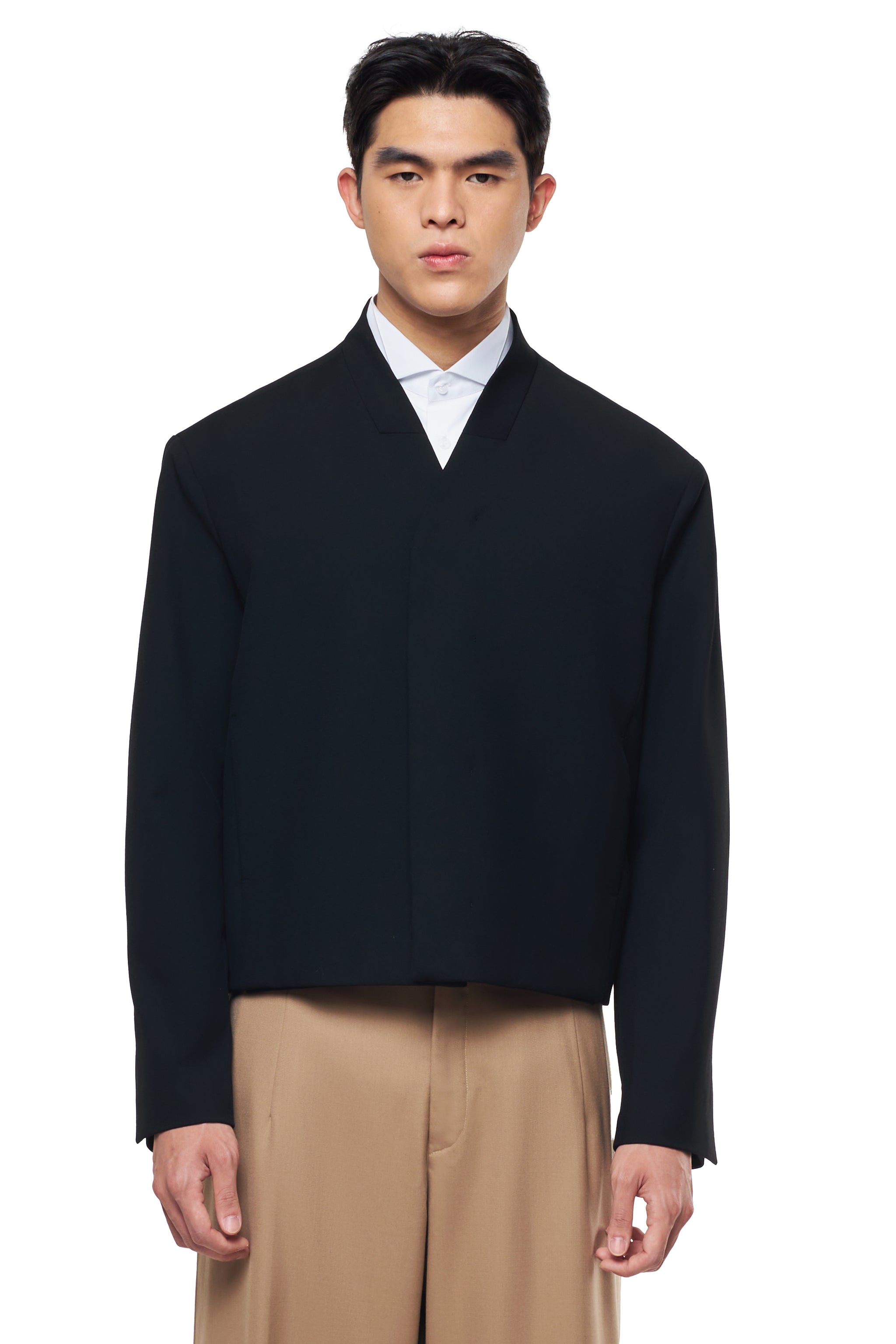 BLACK COLLARLESS CROPPED JACKET