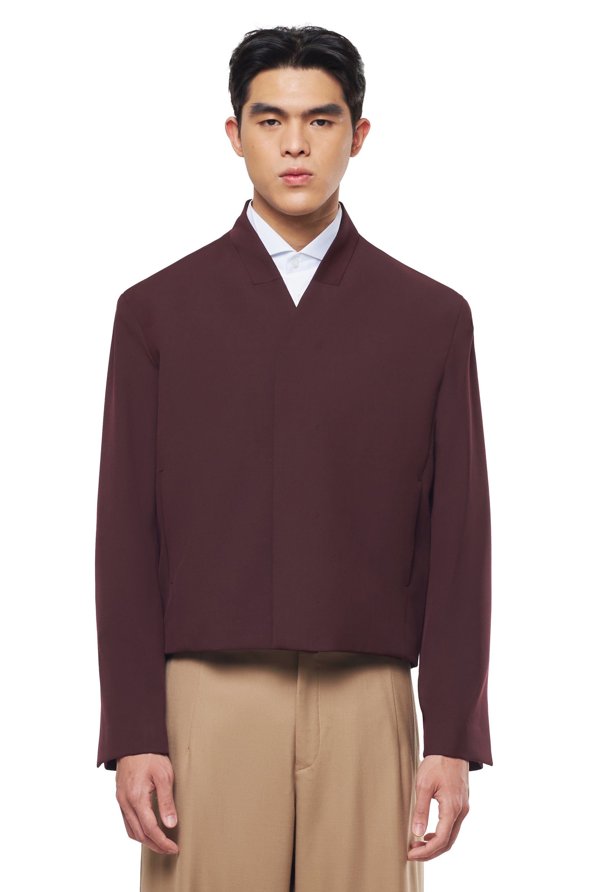 BURGUNDY COLLARLESS CROPPED JACKET