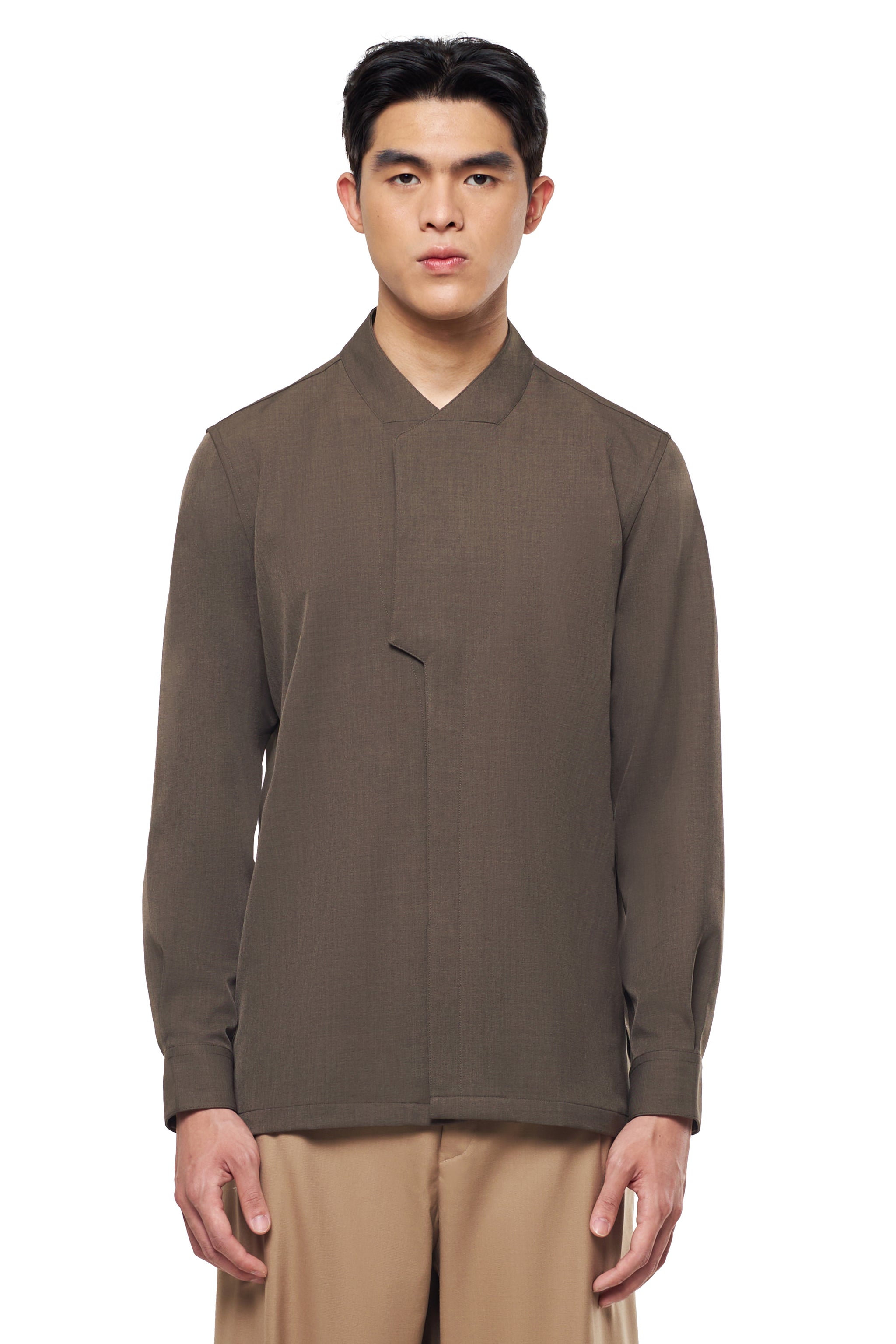 DARK BROWN COLLARLESS PART 6 LONG SLEEVES SHIRT