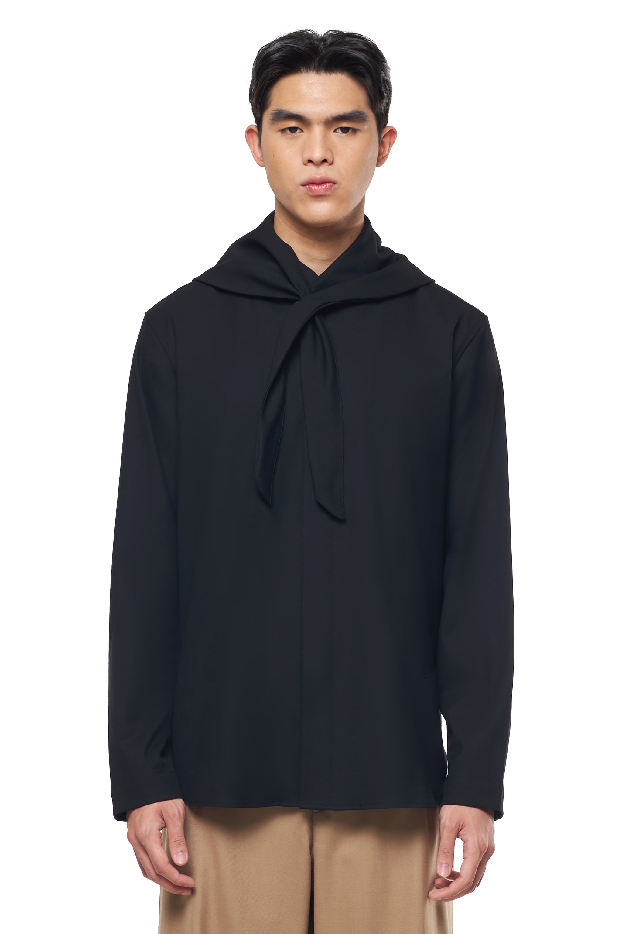 BLACK HIGH COLLARLESS SHIRT WITH DETACHABLE SCARF LONG SLEEVES