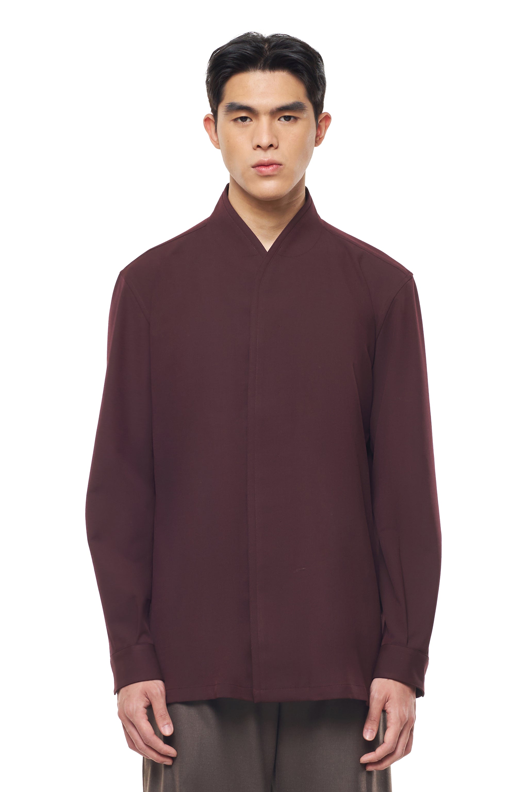 BURGUNDY COLLARLESS DOUBLE PLACKET LONG SLLEEVES SHIRT