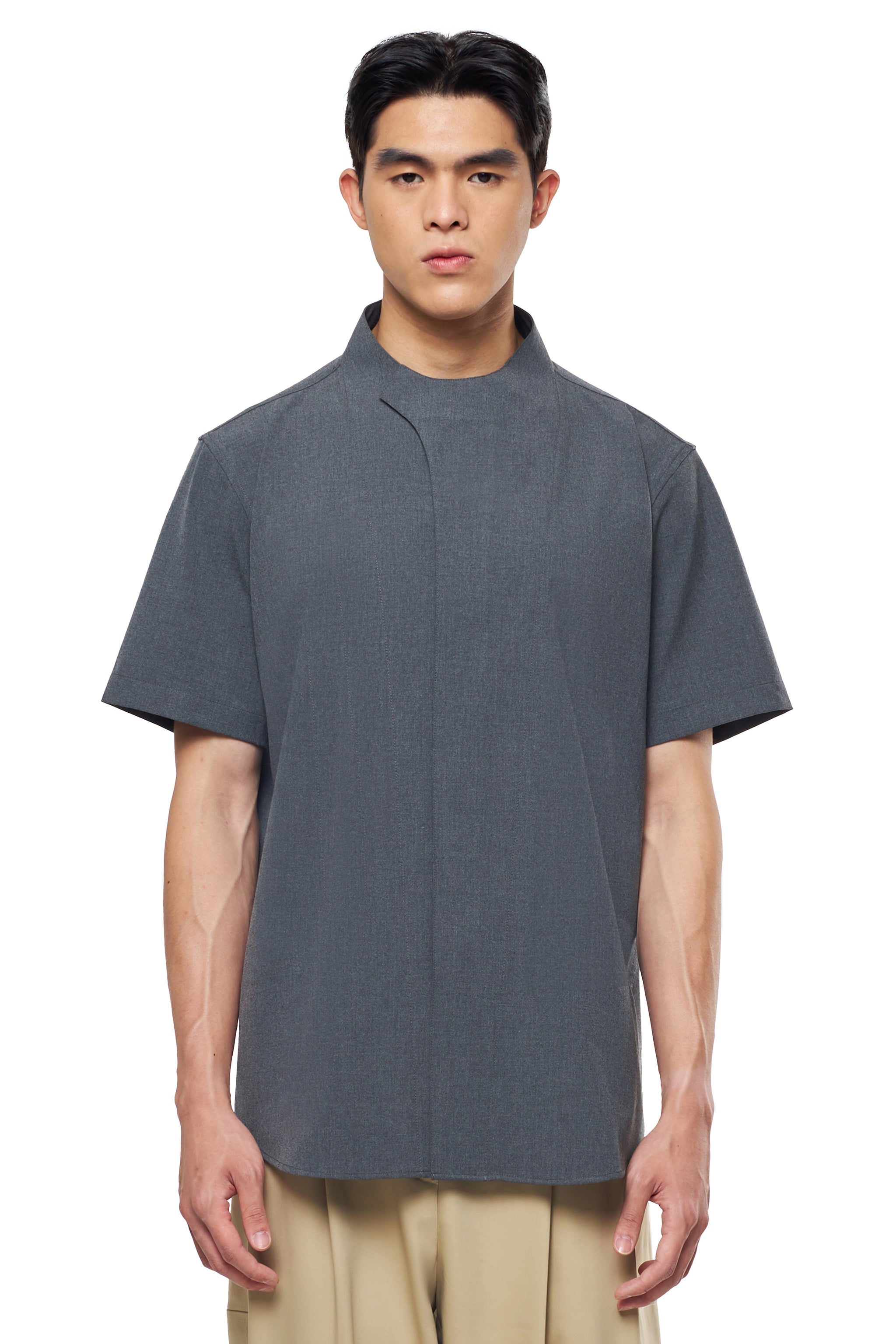 GREY COLLARLESS OVERLAP SHORT SLEEVES SHIRT