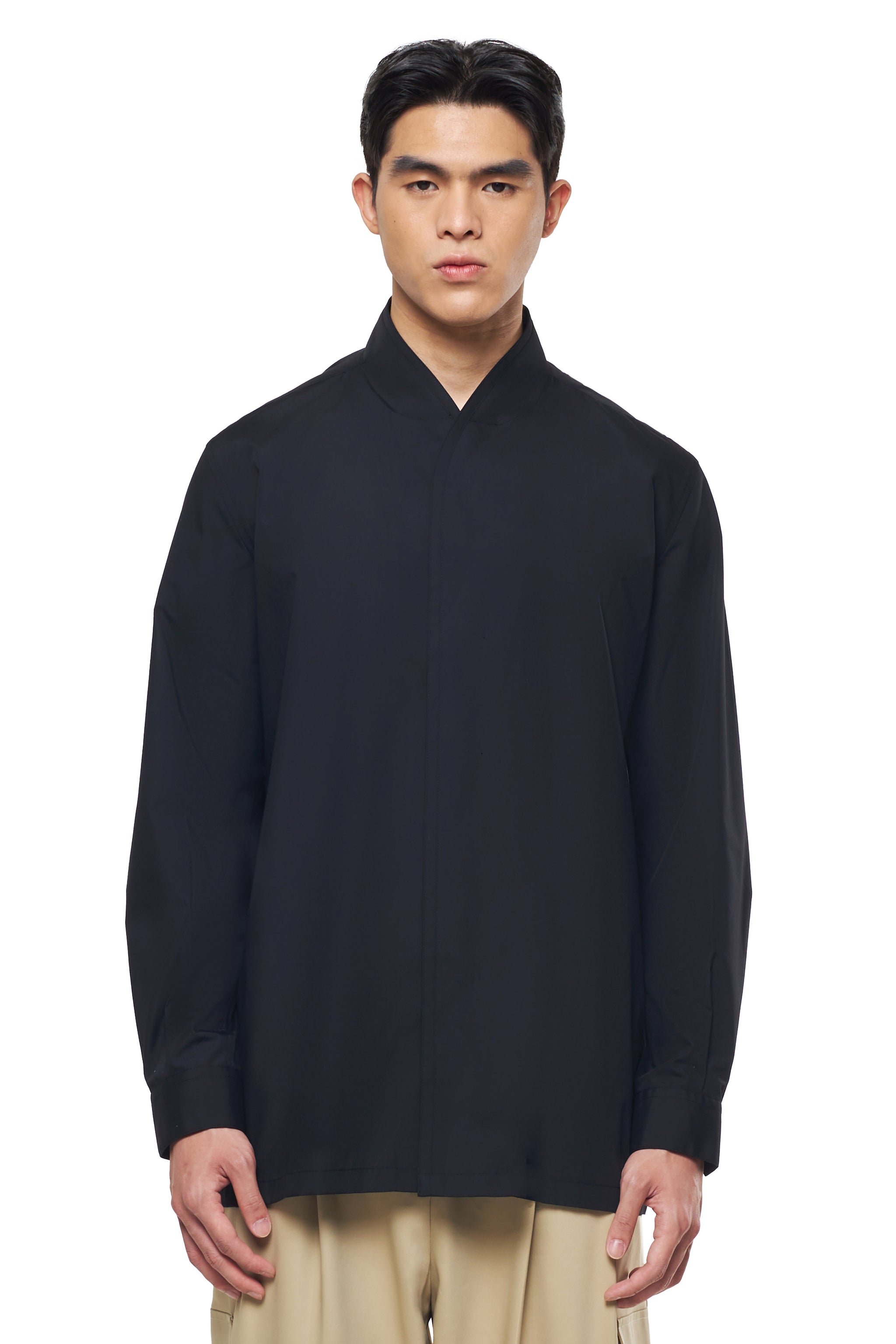 BLACK COLLARLESS DOUBLE PLACKET LONG SLLEEVES SHIRT